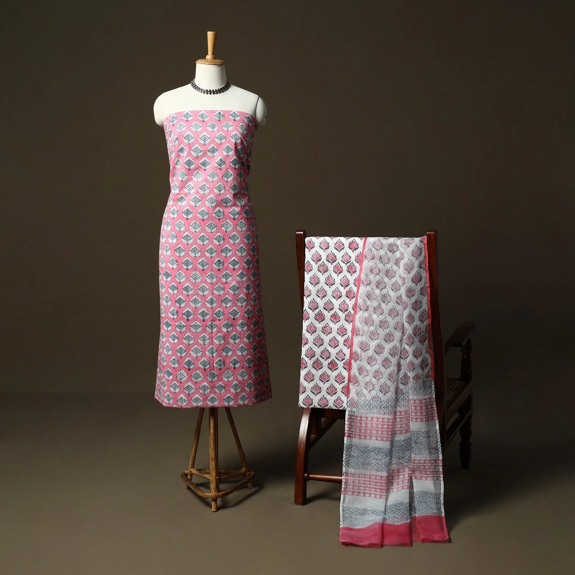Pink - Sanganeri Hand Block Print Cotton 3pc Unstitched Dress Material Suit Set 33