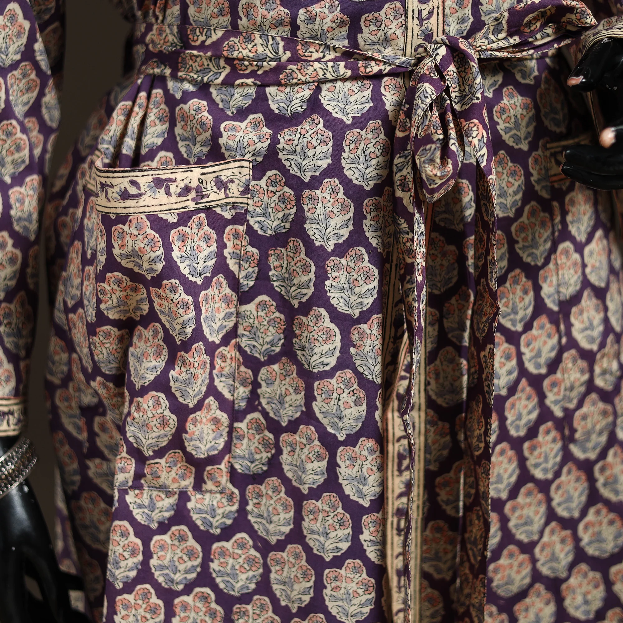 Purple - Sanganeri Hand Block Print Cotton Bath Robe 38 - Image 4