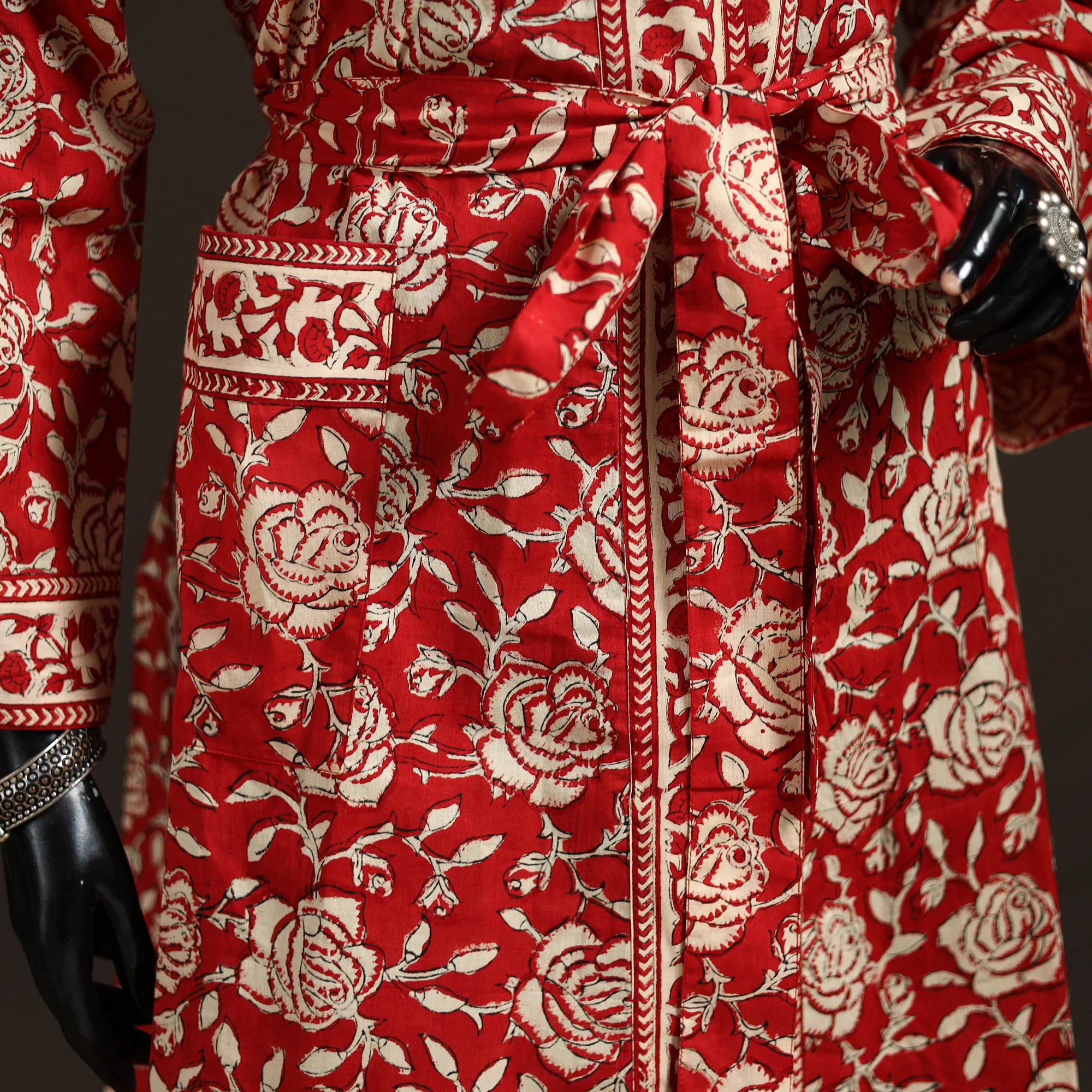 Red - Sanganeri Hand Block Print Cotton Bath Robe 40 - Image 4