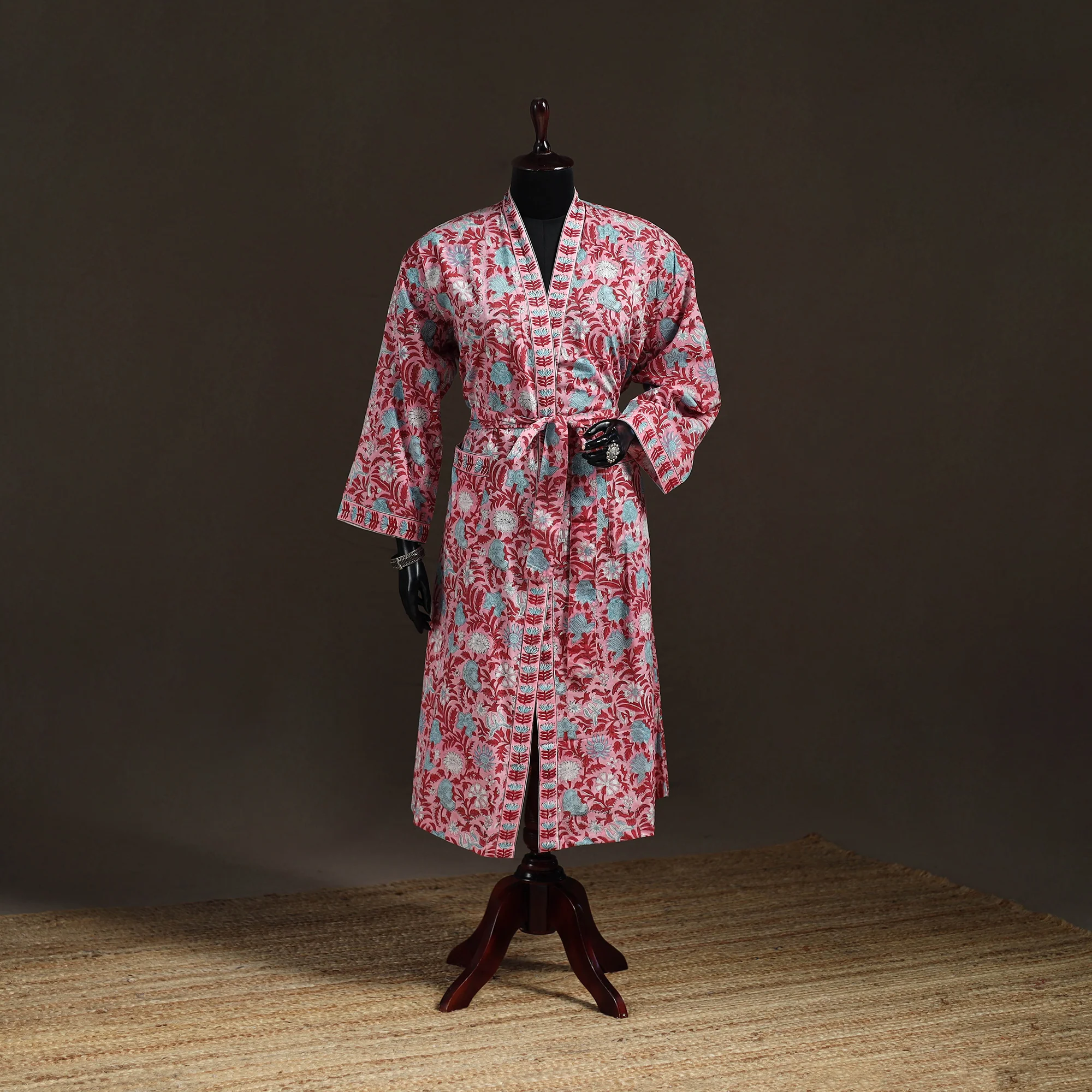 Pink - Sanganeri Hand Block Print Cotton Bath Robe 42
