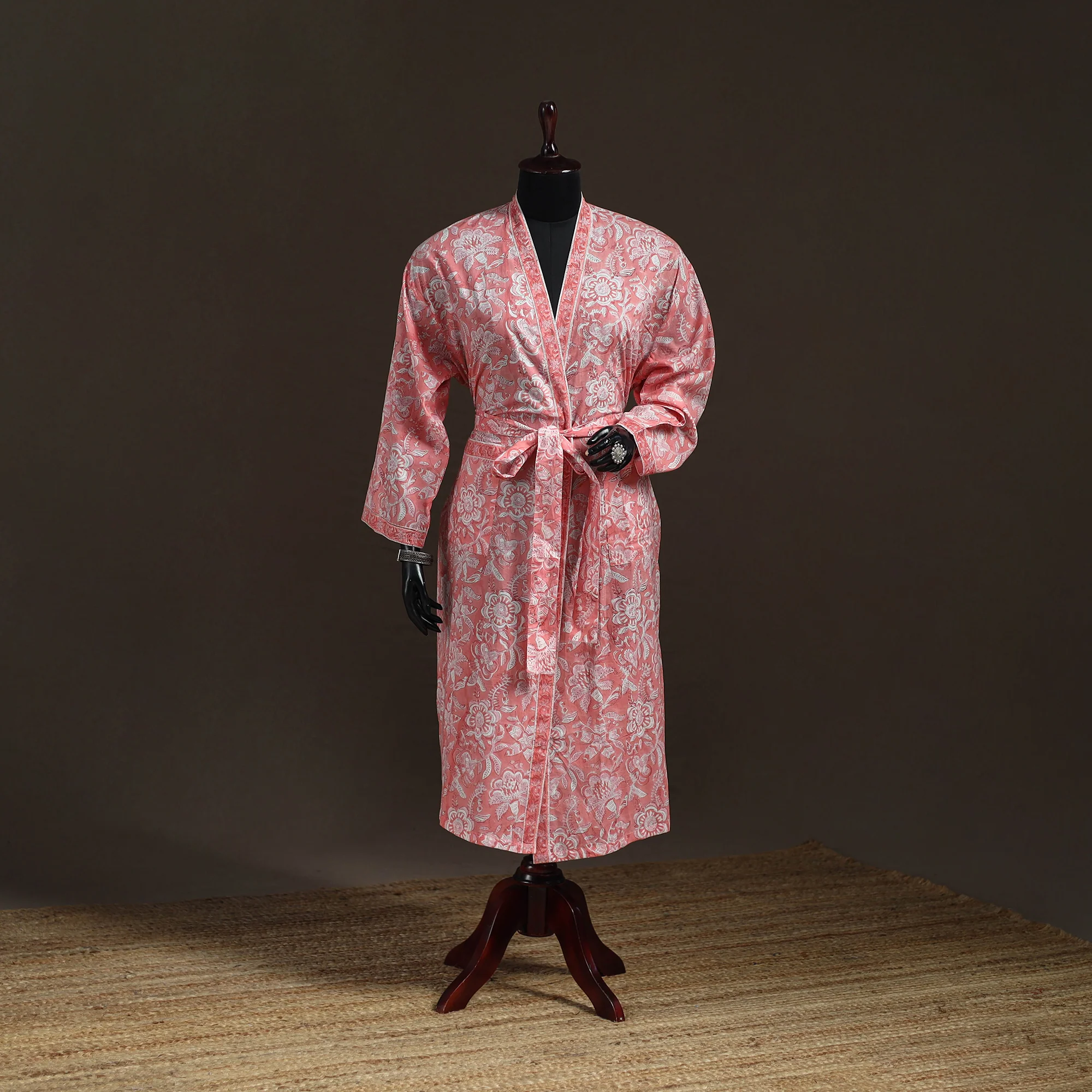 Peach - Sanganeri Hand Block Print Cotton Bath Robe 43