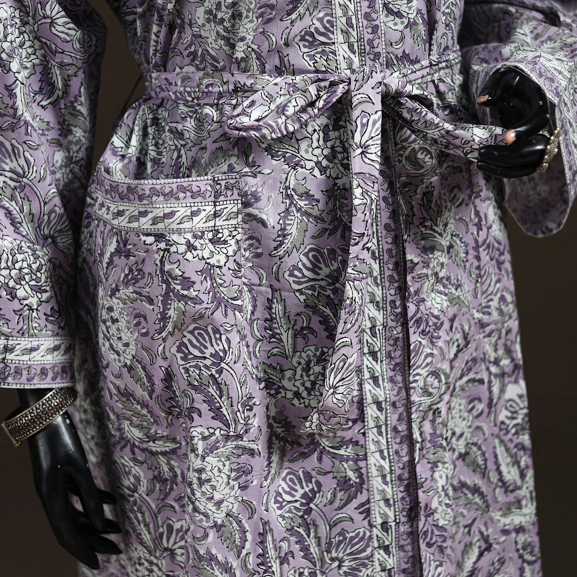 Grey - Sanganeri Hand Block Print Cotton Bath Robe 45 - Image 4