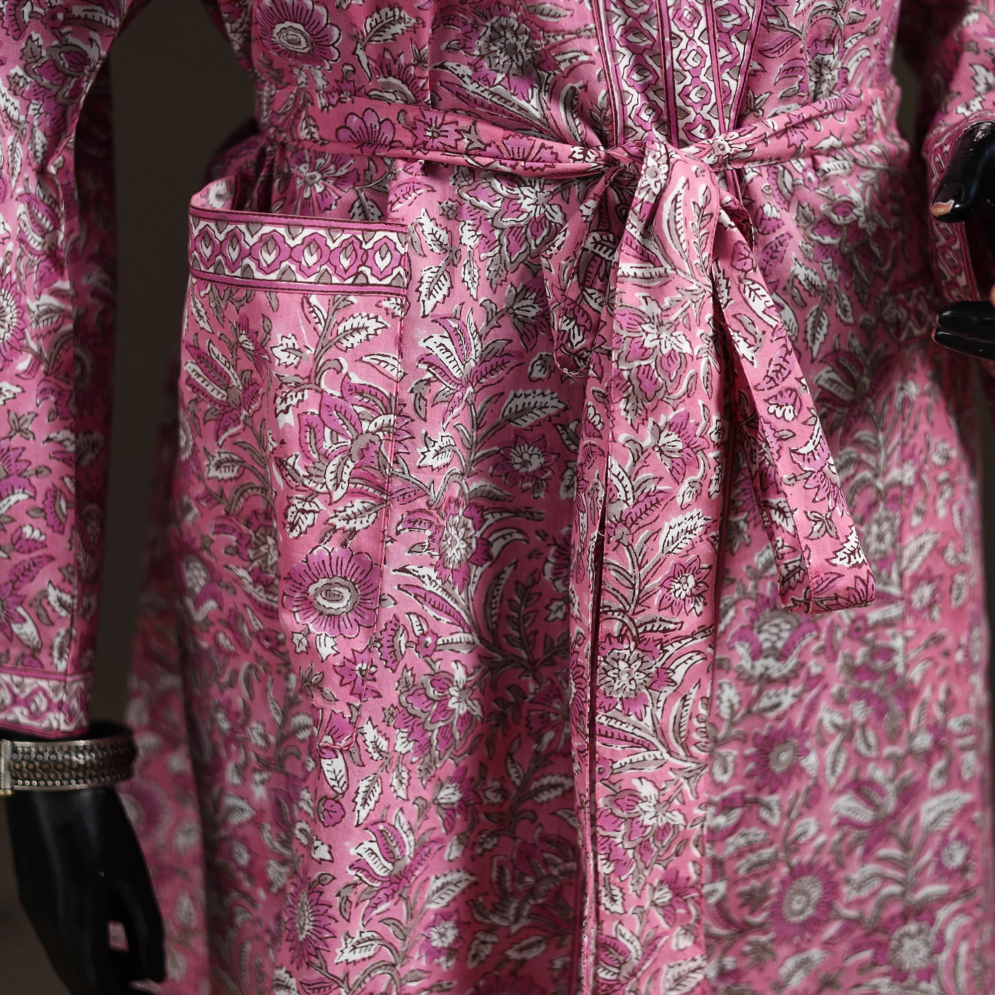 Pink - Sanganeri Hand Block Print Cotton Bath Robe 46 - Image 4