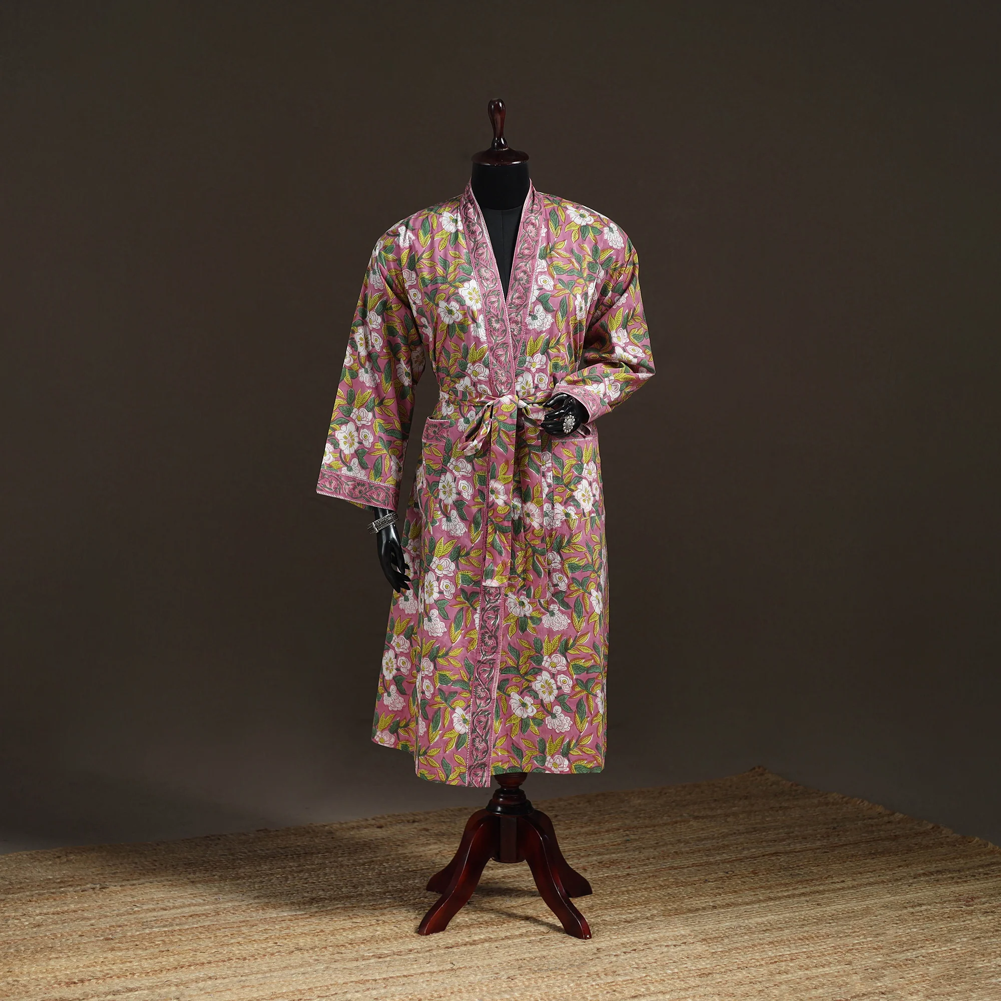Pink - Sanganeri Hand Block Print Cotton Bath Robe 50