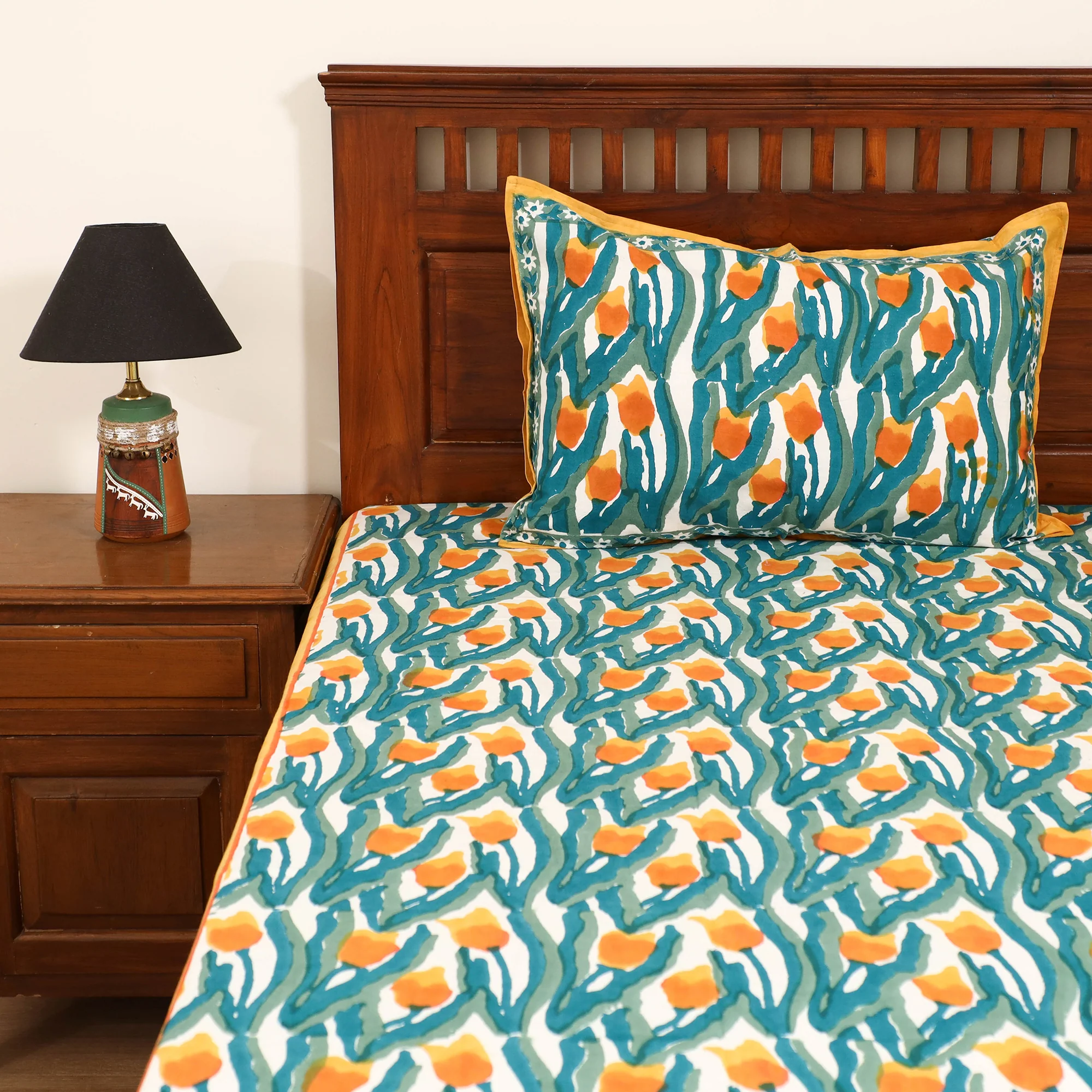 Green - Sanganeri Hand Block Print Cotton Double Bedsheet Set (108 x 90 in) 08 - Image 2