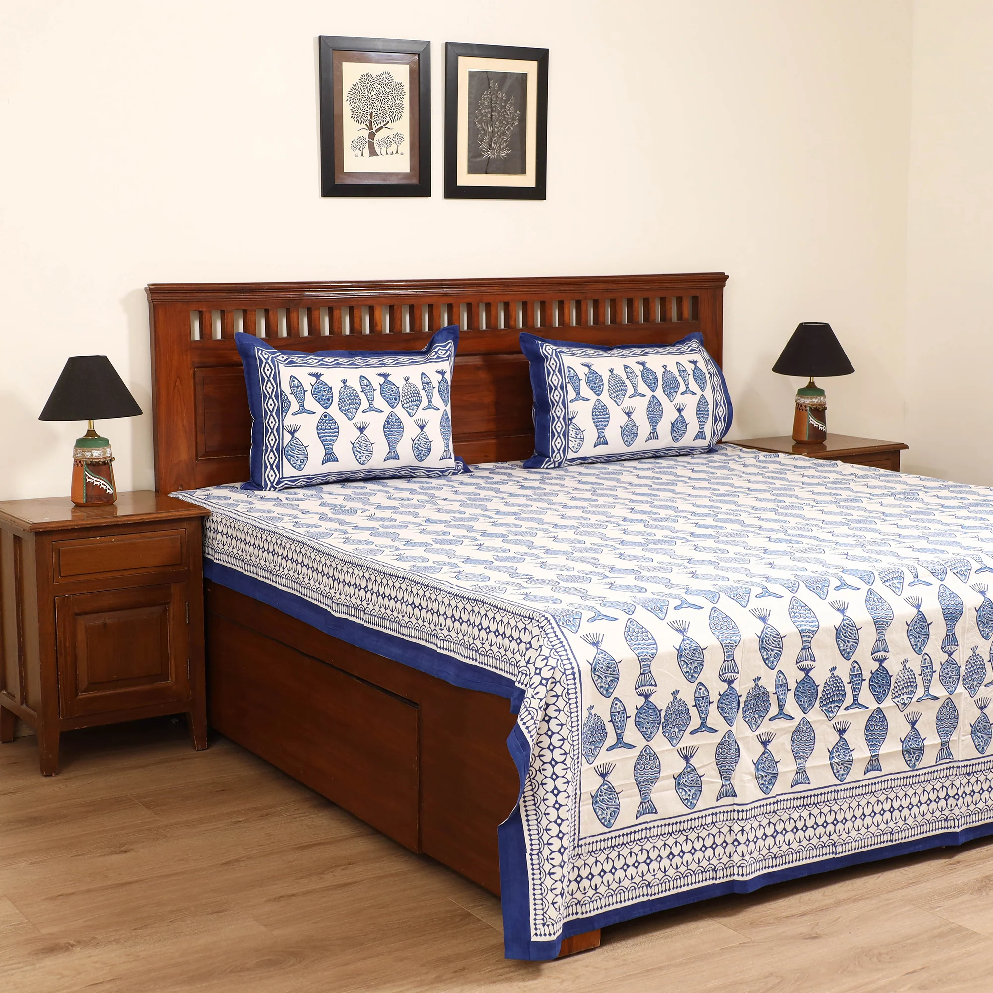 Blue - Sanganeri Hand Block Print Cotton Double Bedsheet Set (108 x 90 in) 17