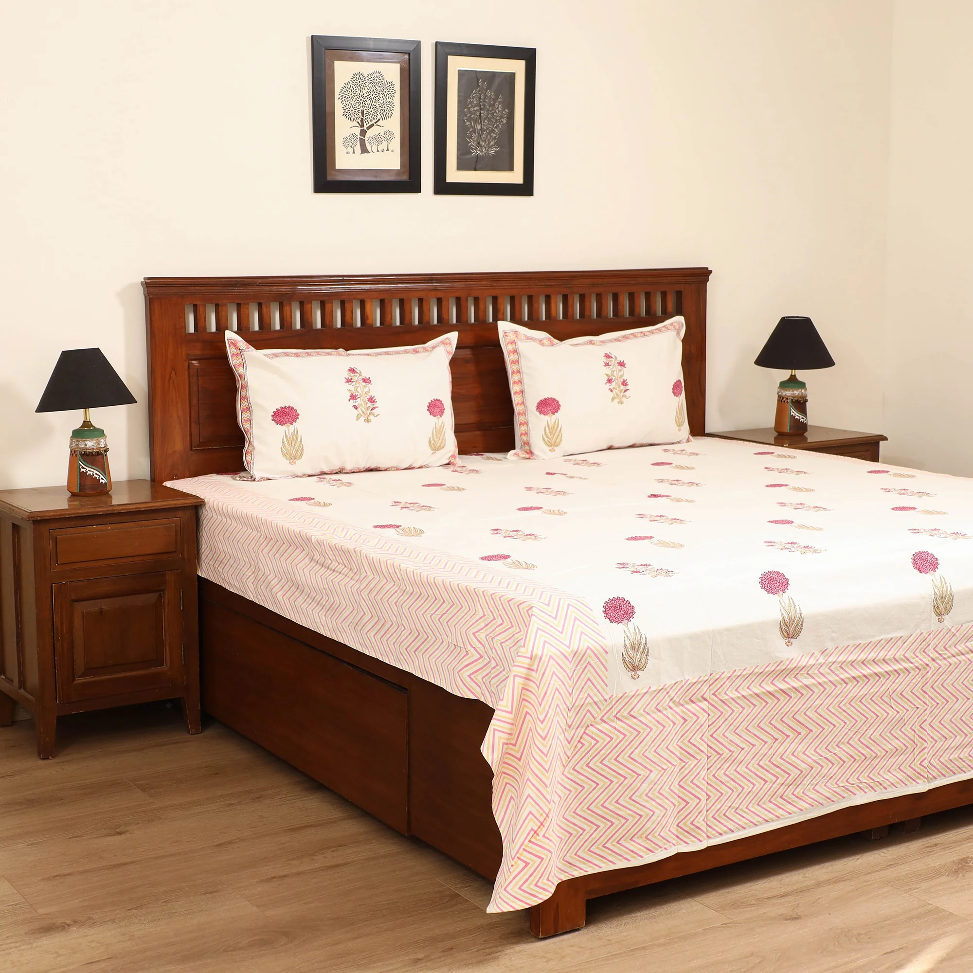 White - Sanganeri Hand Block Print Cotton Double Bedsheet Set (108 x 90 in) 18