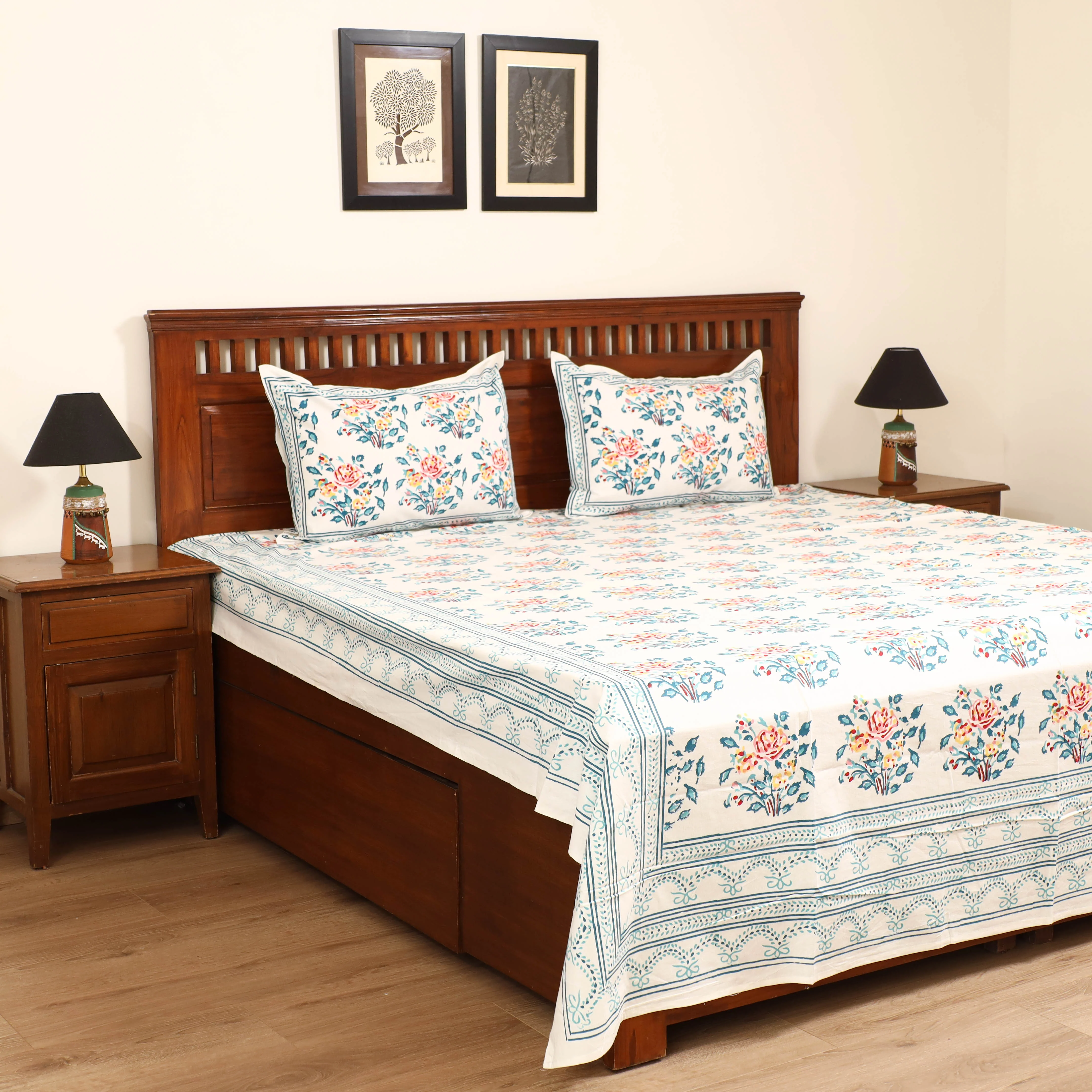 White - Sanganeri Hand Block Print Cotton Double Bedsheet Set (108 x 90 in) 22