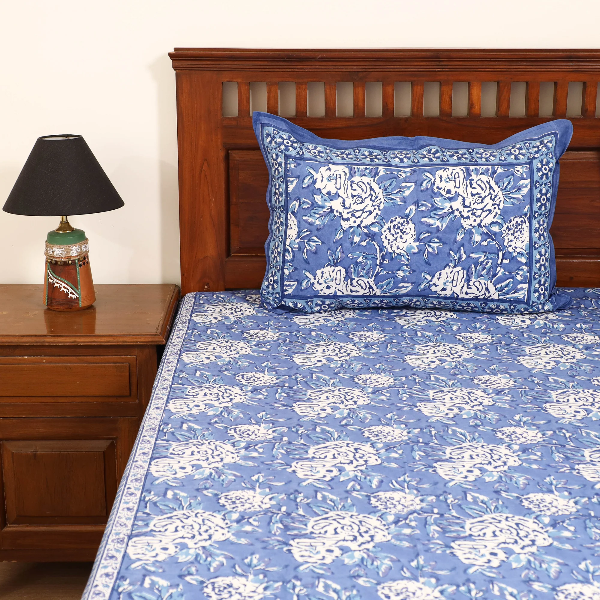 Blue - Sanganeri Hand Block Print Cotton Double Bedsheet Set (108 x 90 in) 23 - Image 2