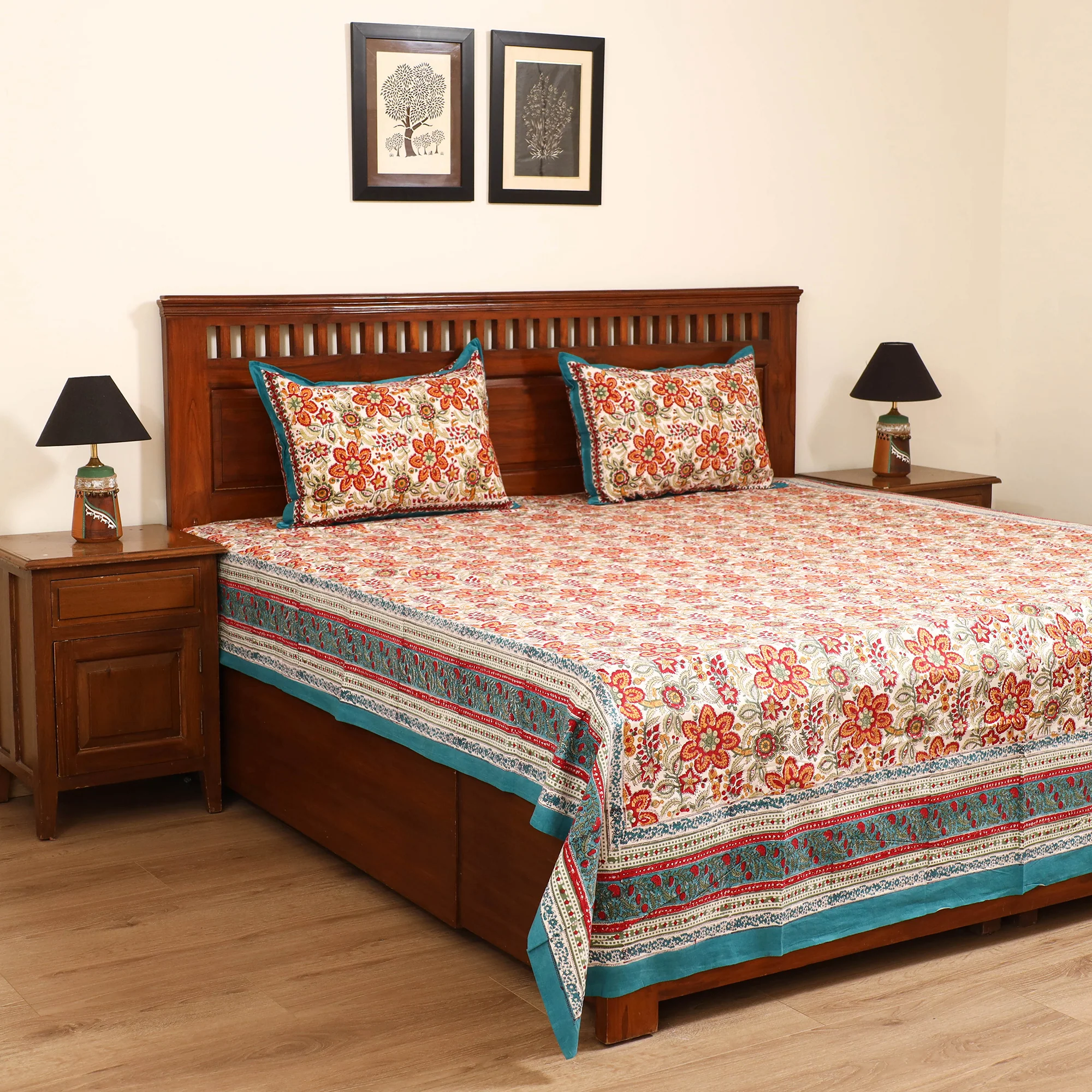 Red - Sanganeri Hand Block Print Cotton Double Bedsheet Set (108 x 90 in) 25