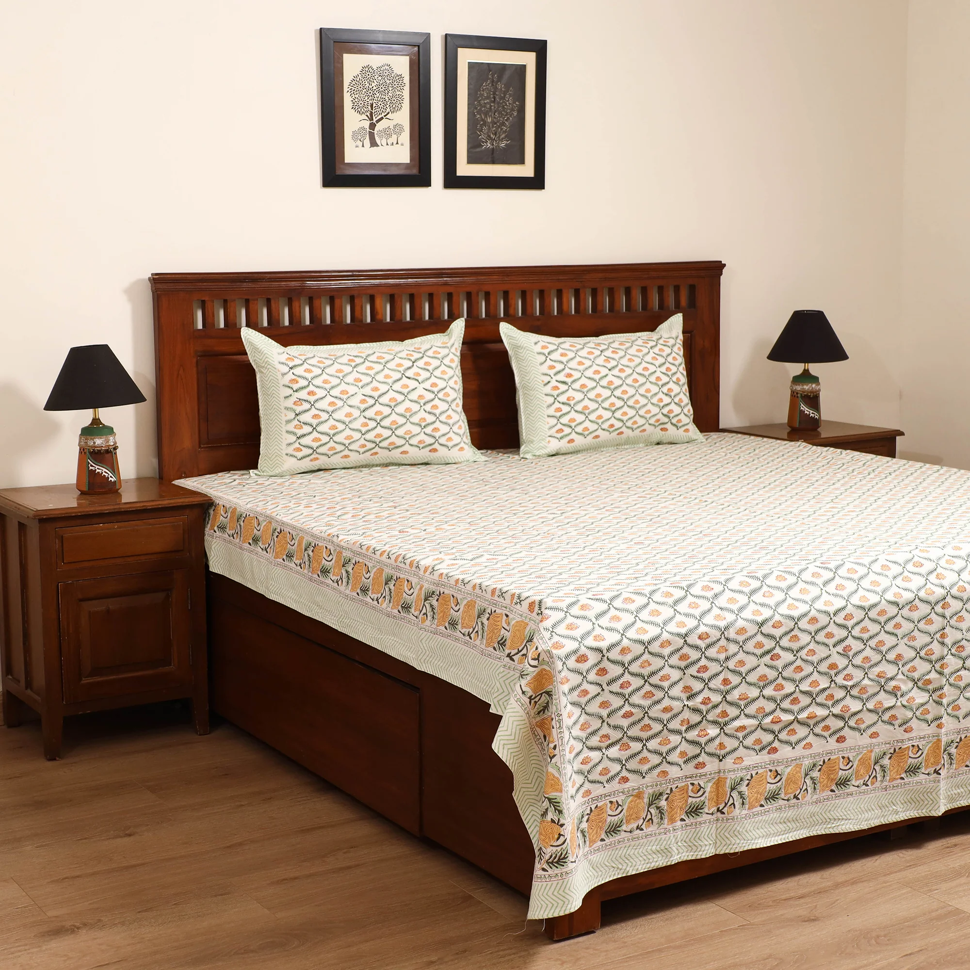 Multicolor - Sanganeri Hand Block Print Cotton Double Bedsheet Set (108 x 90 in) 39