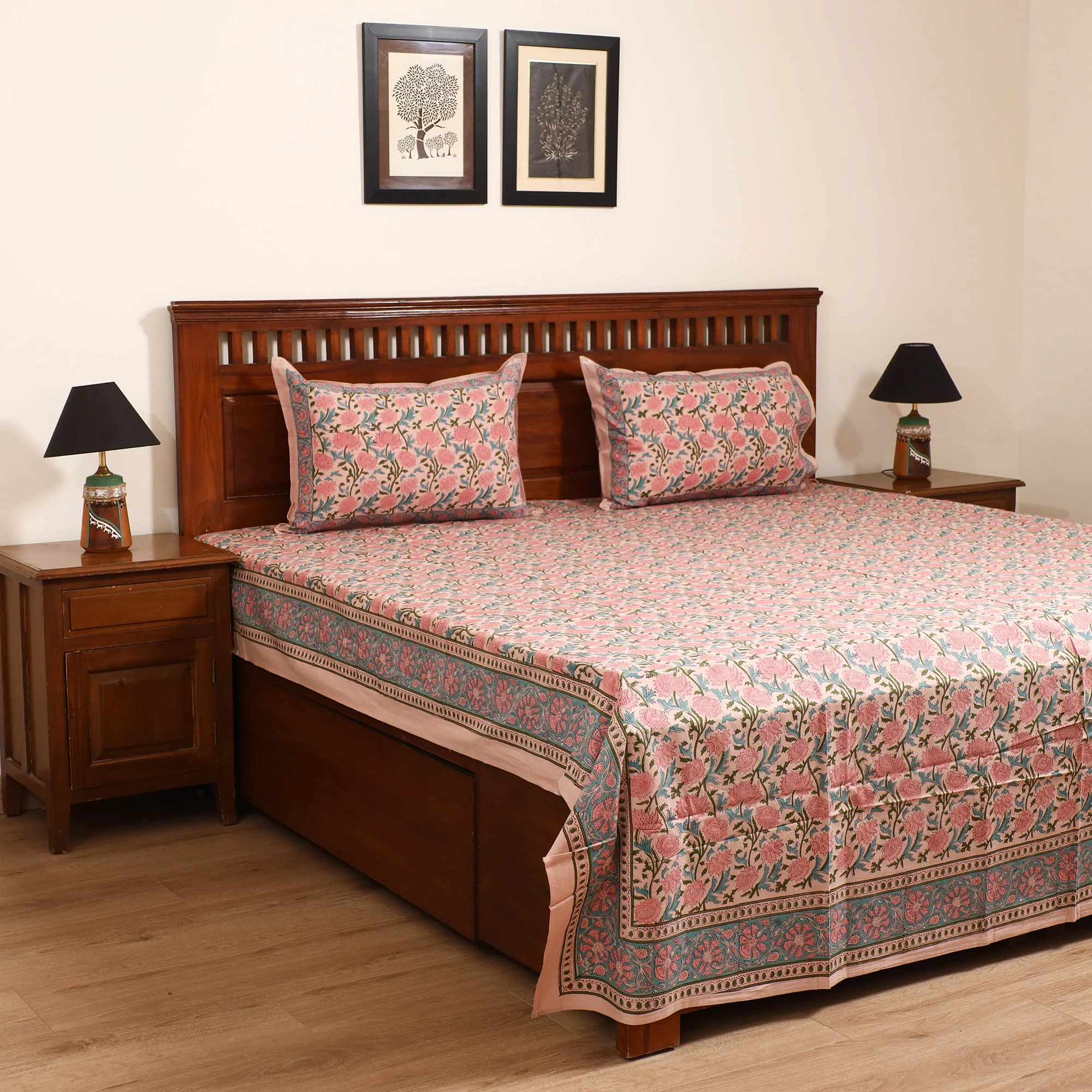 Pink - Sanganeri Hand Block Print Cotton Double Bedsheet Set (108 x 90 in) 41