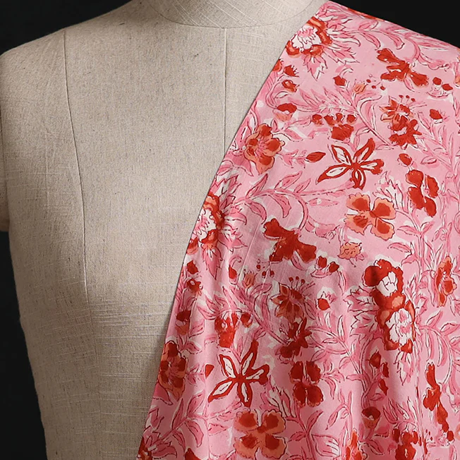 Pink - Sanganeri Hand Block Print Cotton Fabric 11 - Image 2