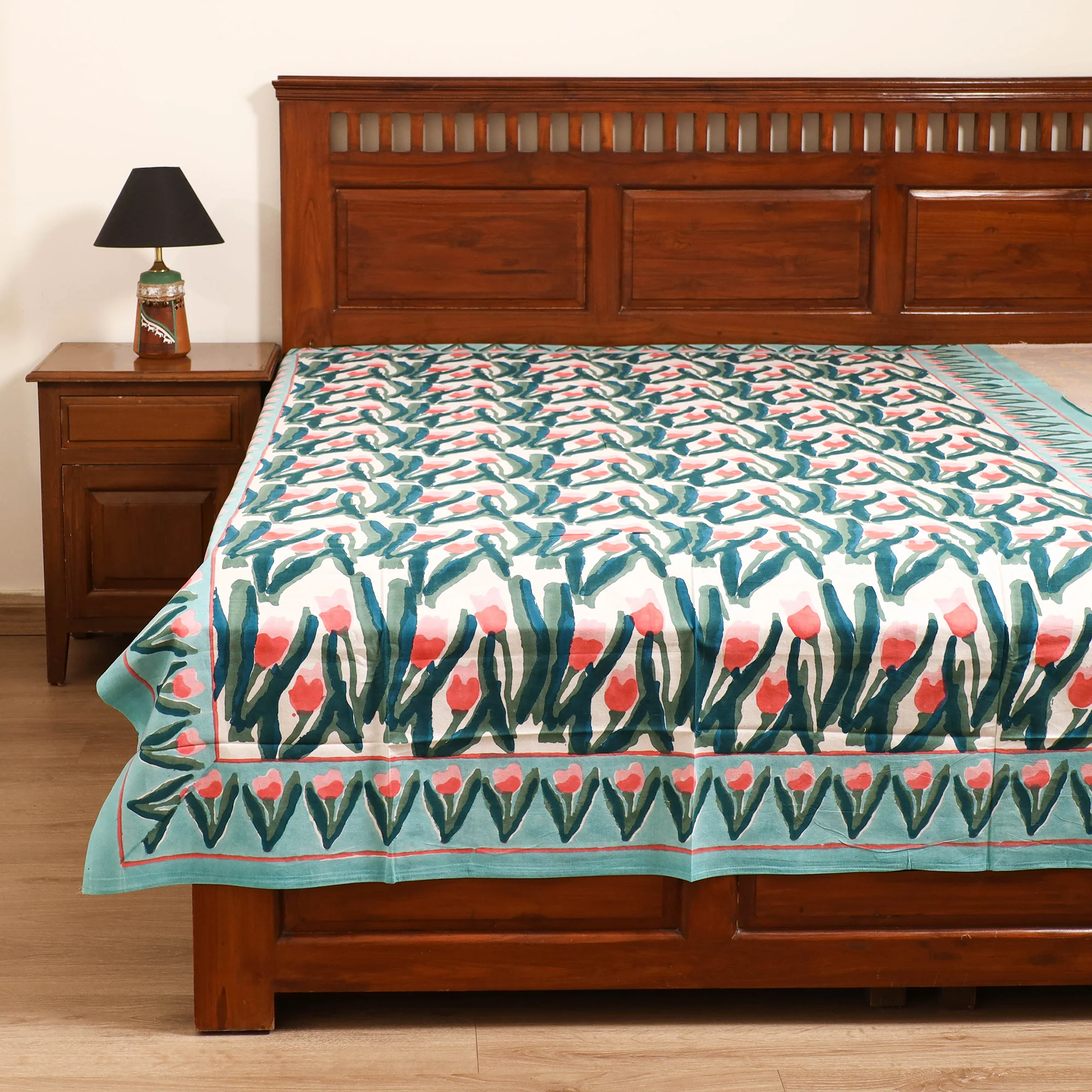 Green - Sanganeri Hand Block Print Cotton Single Bedsheet (90 x 60 in) 58