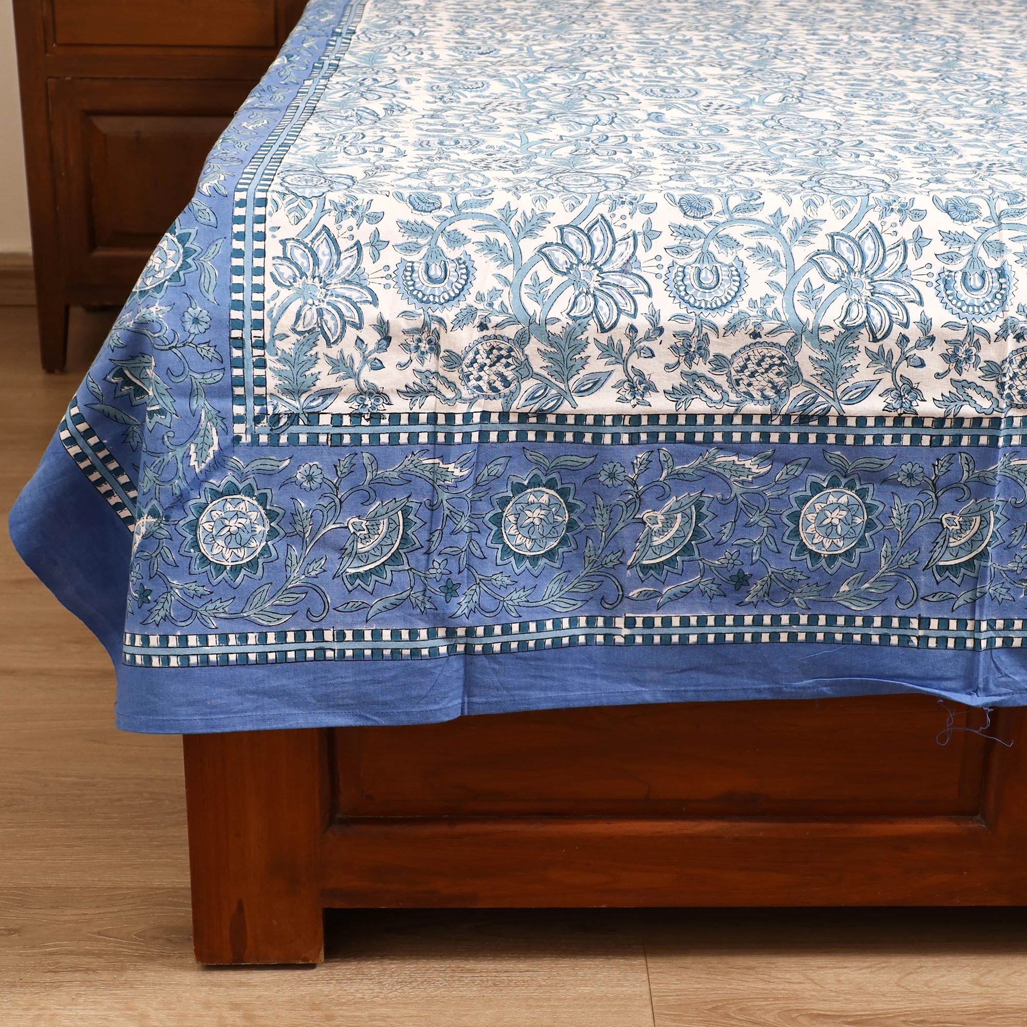 Blue - Sanganeri Hand Block Print Cotton Single Bedsheet (90 x 60 in) 62 - Image 4