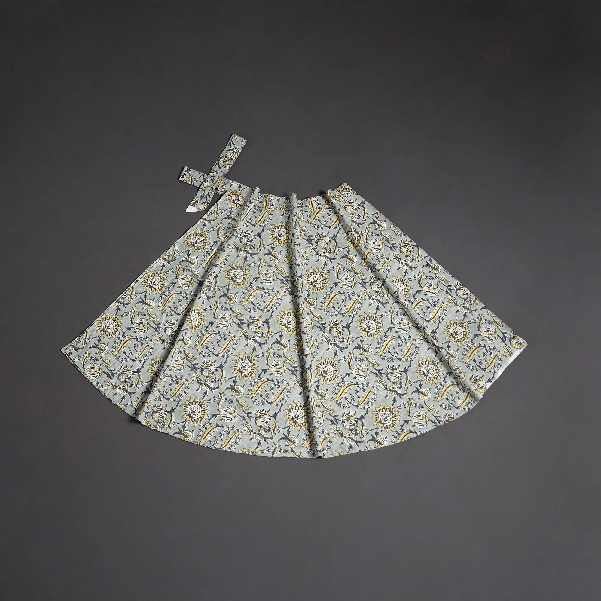 Grey - Sanganeri Hand Block Print Cotton Wrap Around Skirt 78 - Image 2
