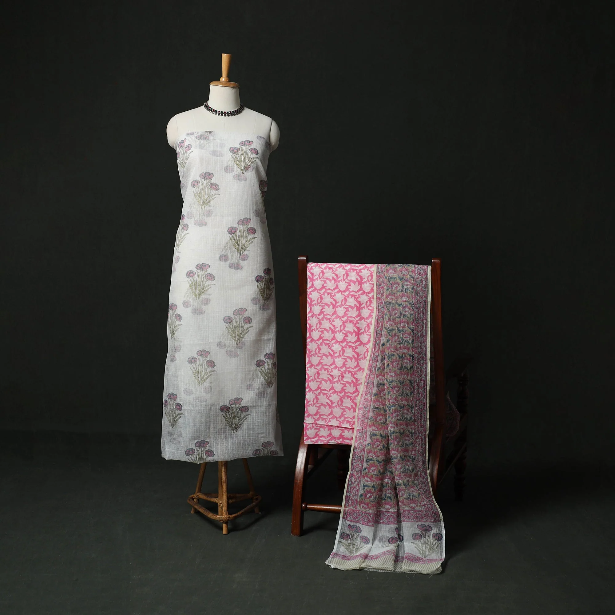 White - Sanganeri Hand Block Print Kota Doria Cotton 3pc Unstitched Dress Material Suit Set 04 - Image 2