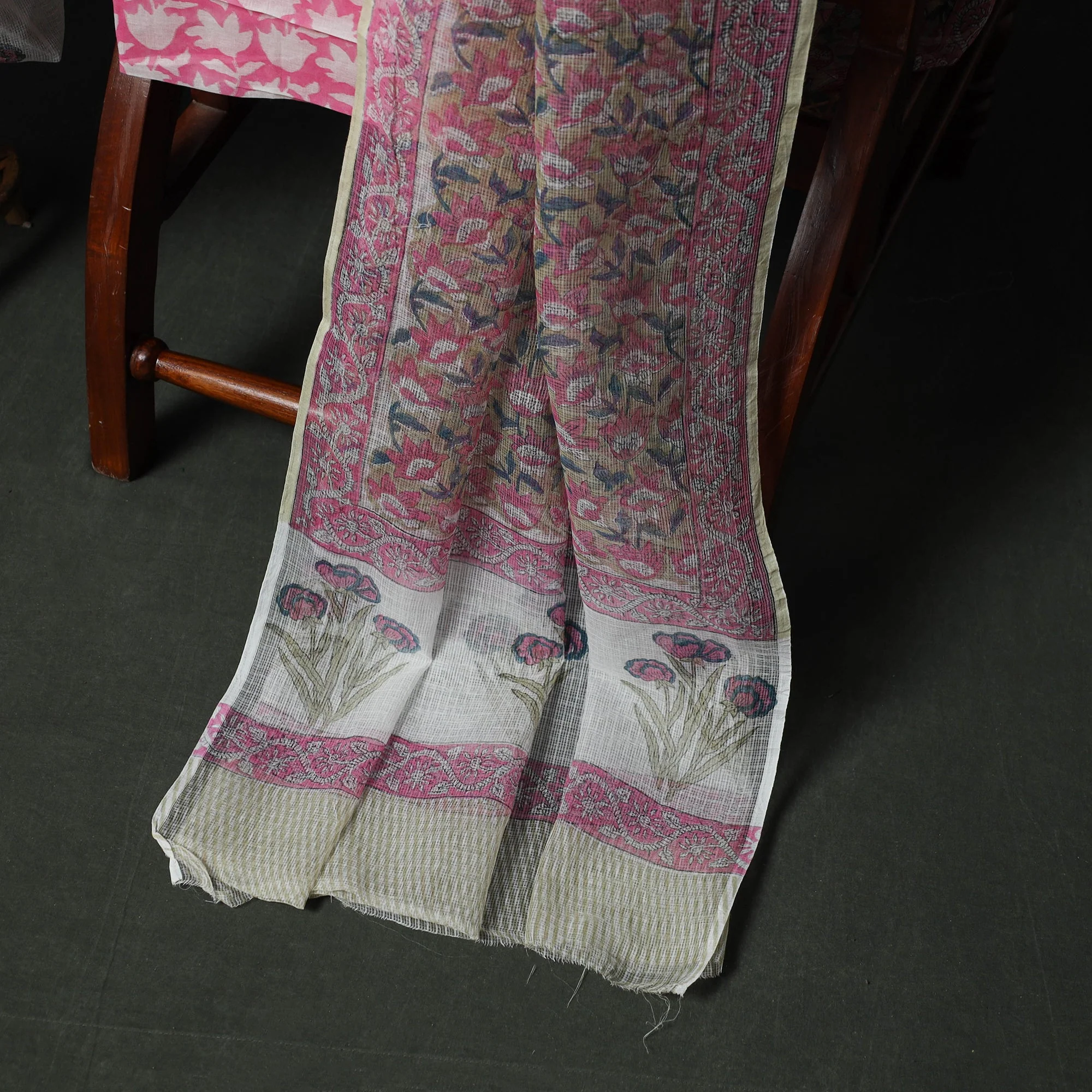 White - Sanganeri Hand Block Print Kota Doria Cotton 3pc Unstitched Dress Material Suit Set 04 - Image 4