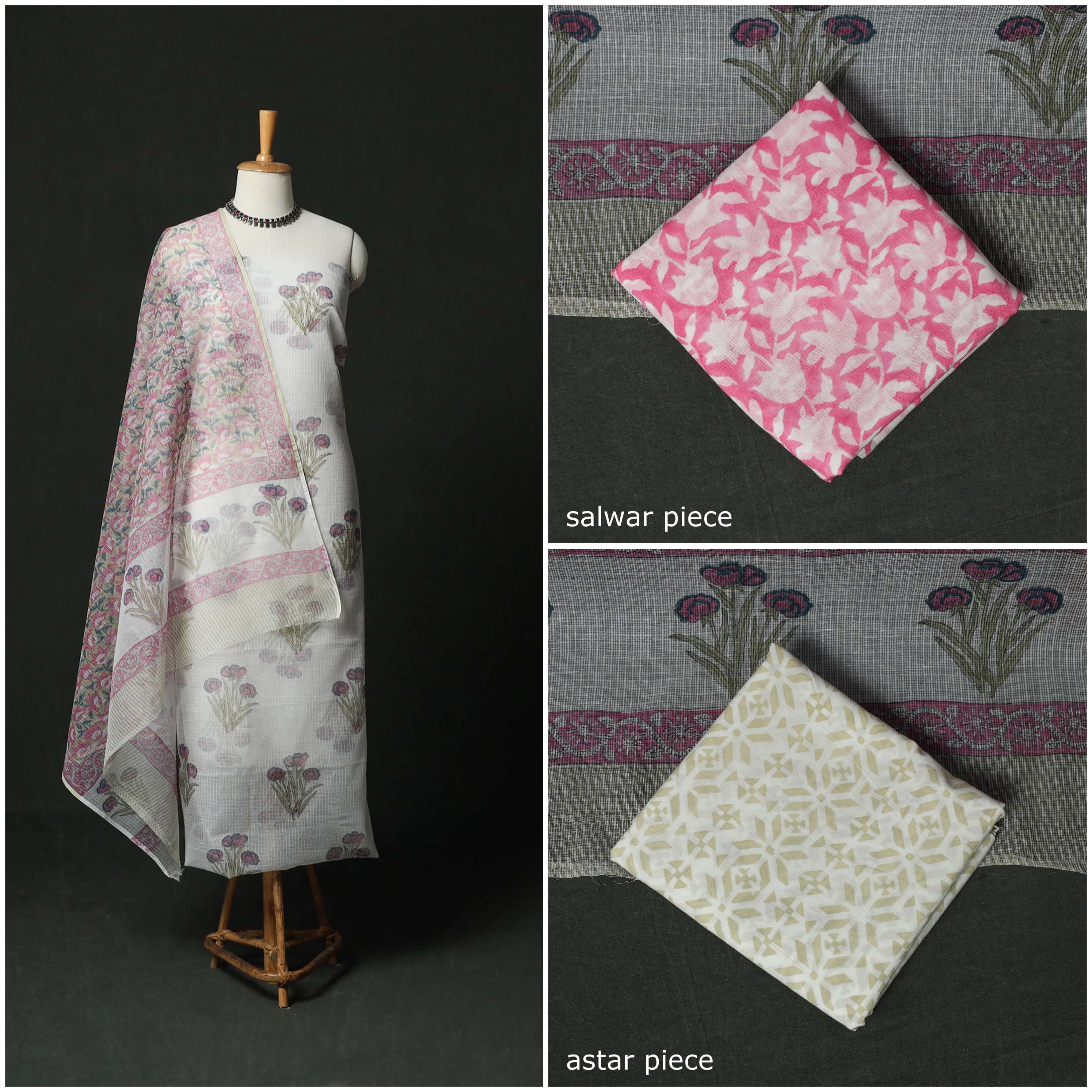 White - Sanganeri Hand Block Print Kota Doria Cotton 3pc Unstitched Dress Material Suit Set 04 - Image 5