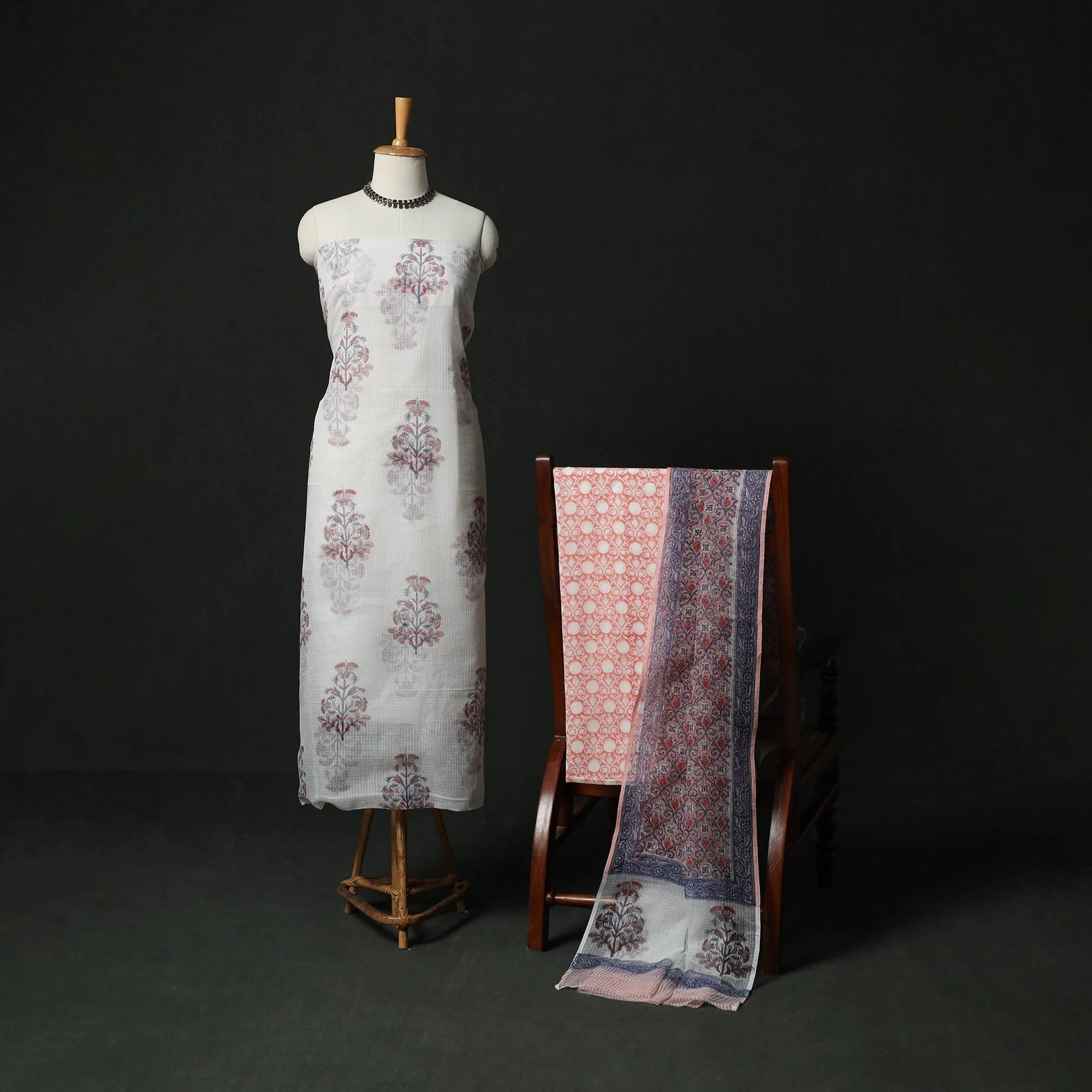White - Sanganeri Hand Block Print Kota Doria Cotton 3pc Unstitched Dress Material Suit Set 11 - Image 2