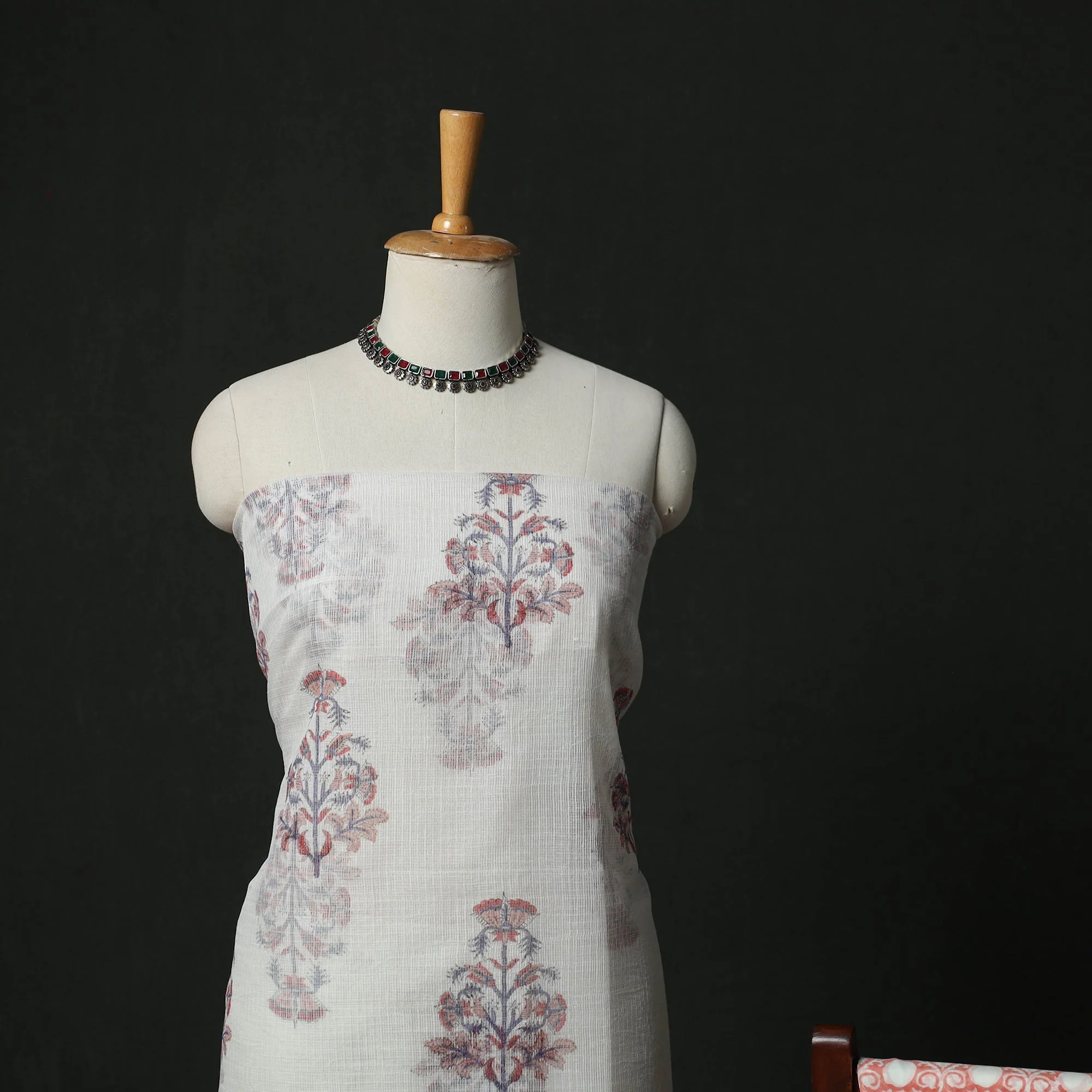 White - Sanganeri Hand Block Print Kota Doria Cotton 3pc Unstitched Dress Material Suit Set 11 - Image 3