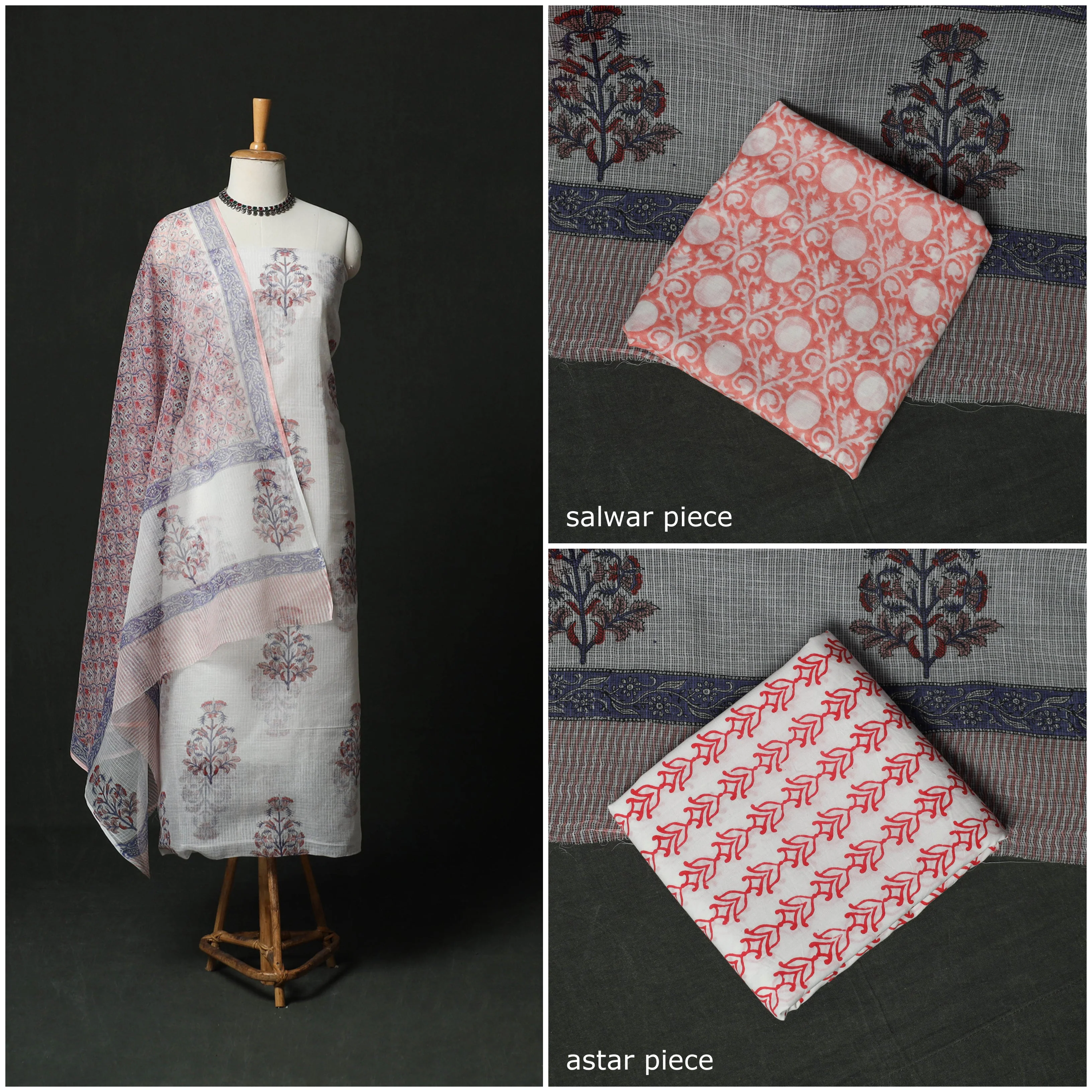 White - Sanganeri Hand Block Print Kota Doria Cotton 3pc Unstitched Dress Material Suit Set 11 - Image 5