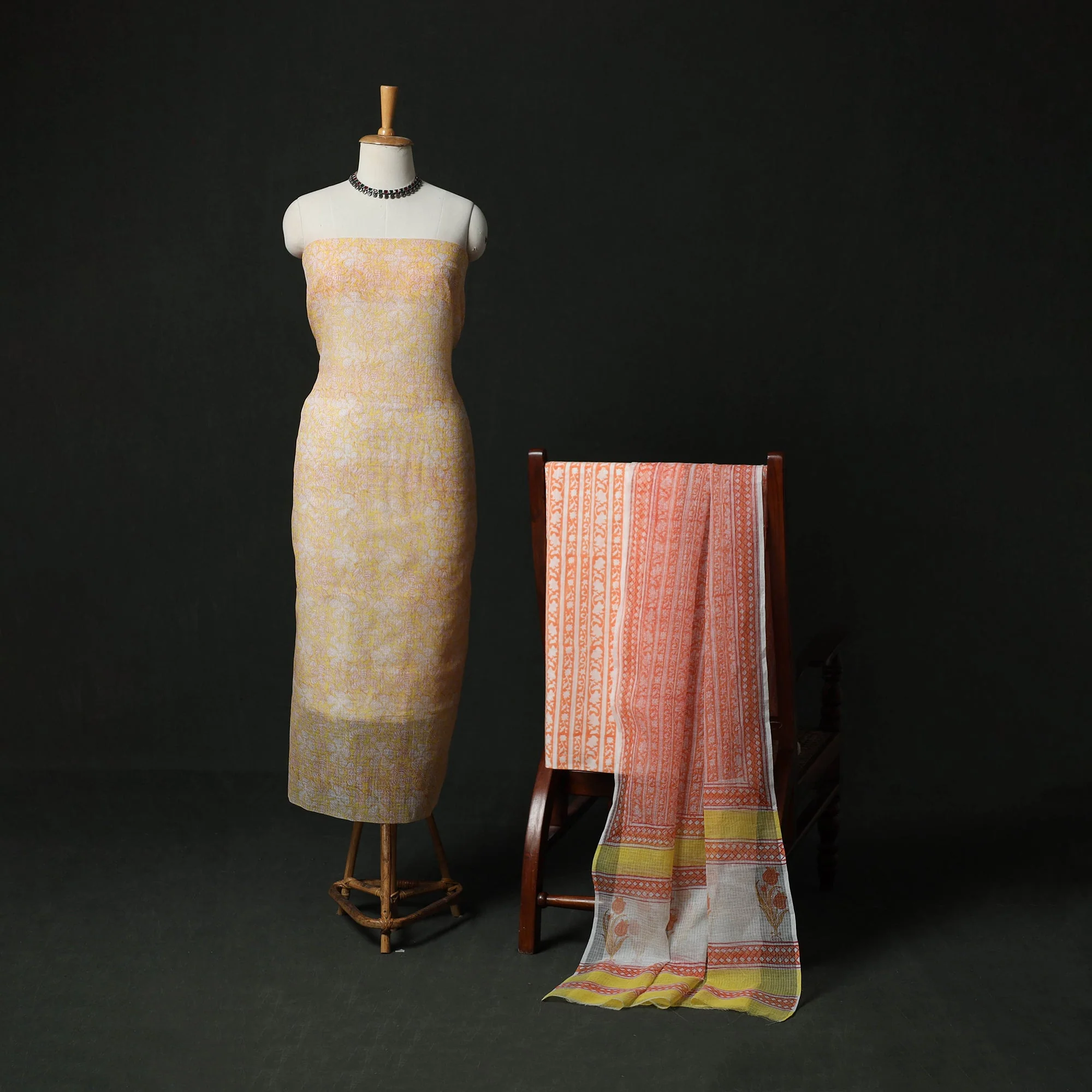 Yellow - Sanganeri Hand Block Print Kota Doria Cotton 3pc Unstitched Dress Material Suit Set 13 - Image 2