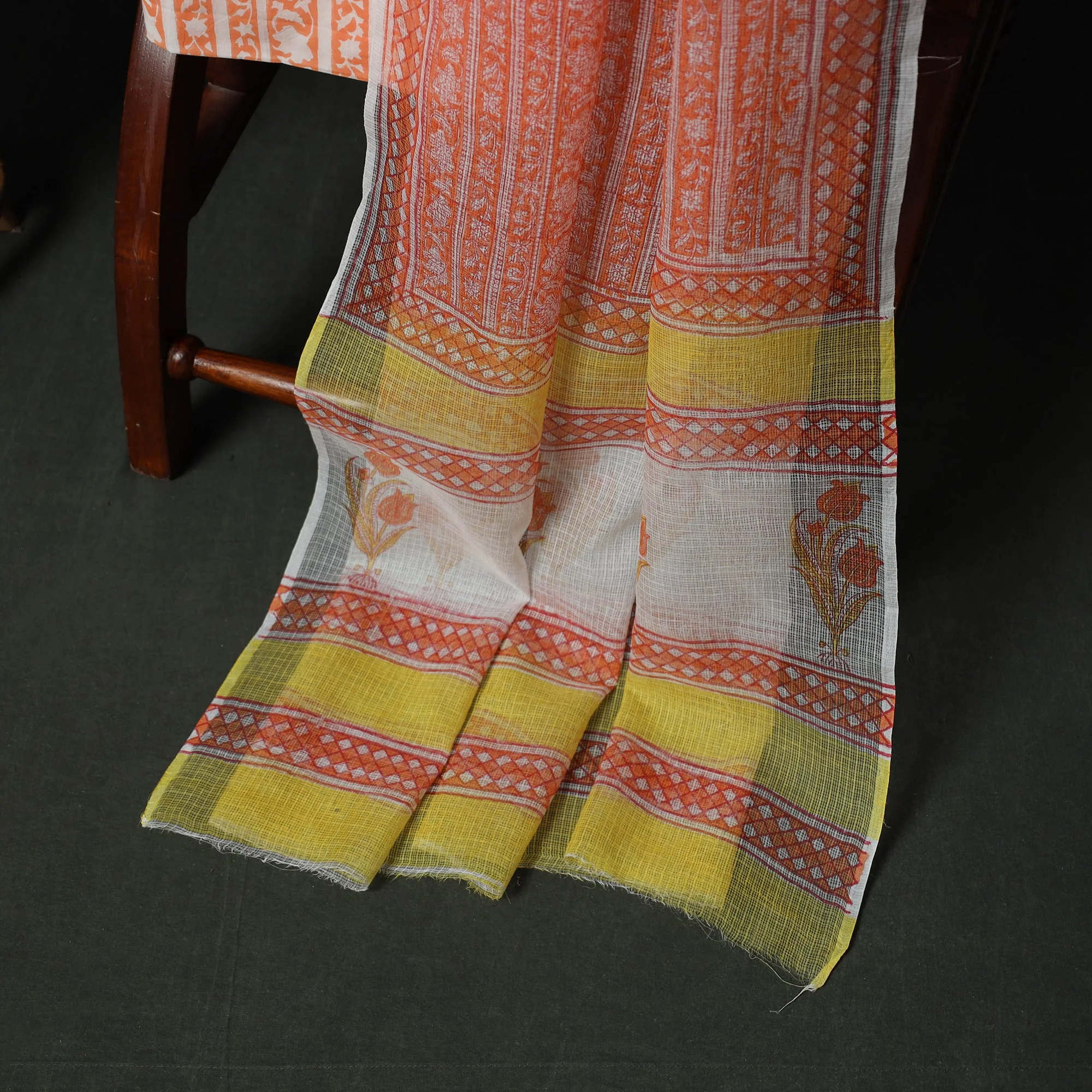 Yellow - Sanganeri Hand Block Print Kota Doria Cotton 3pc Unstitched Dress Material Suit Set 13 - Image 4