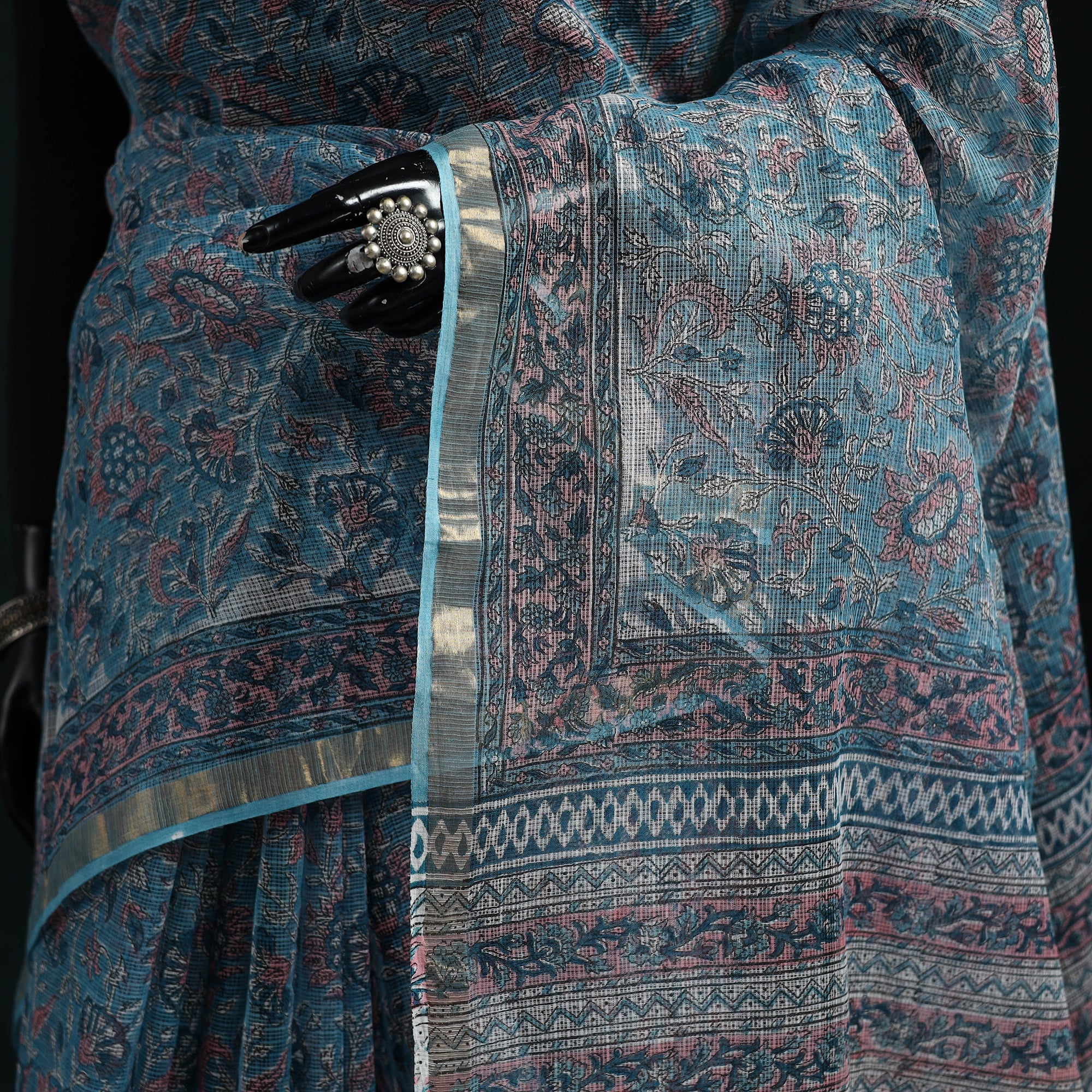 Sanganeri Hand Block Print Kota Doria Cotton Saree 07 - Image 3