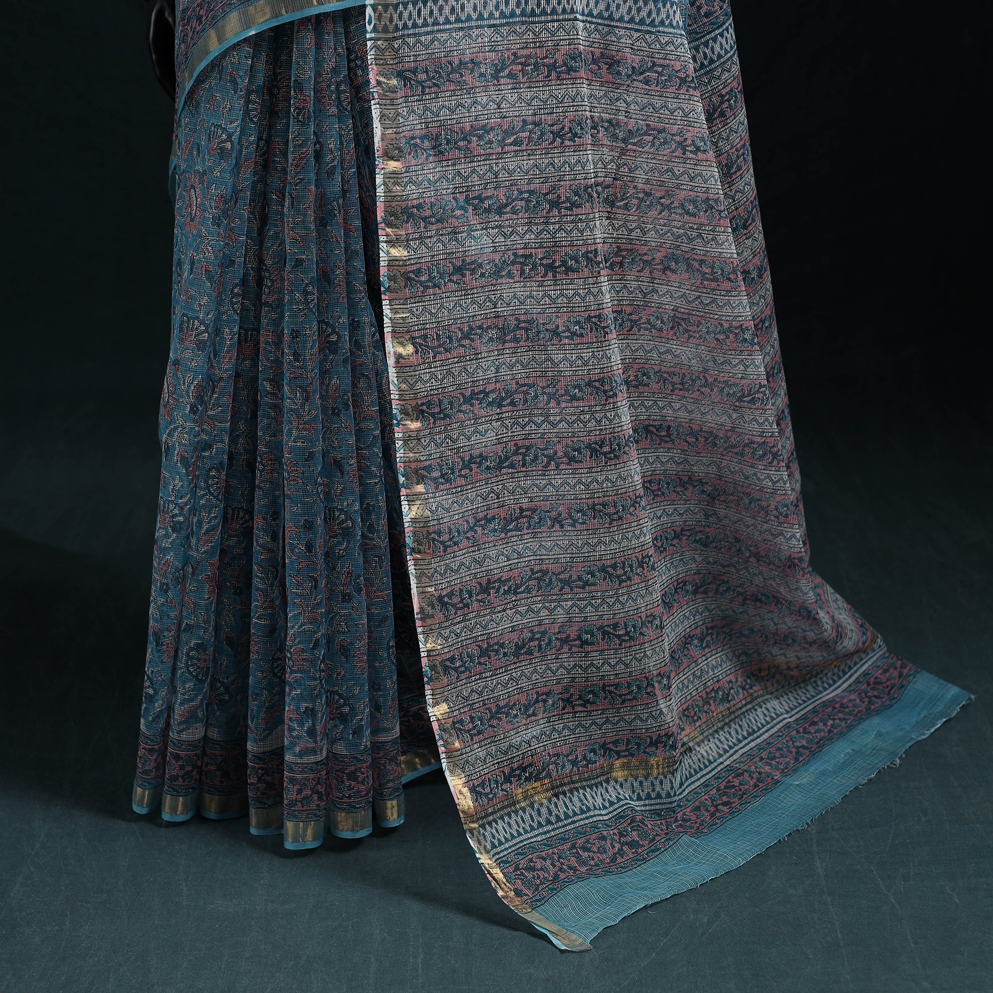 Sanganeri Hand Block Print Kota Doria Cotton Saree 07 - Image 4