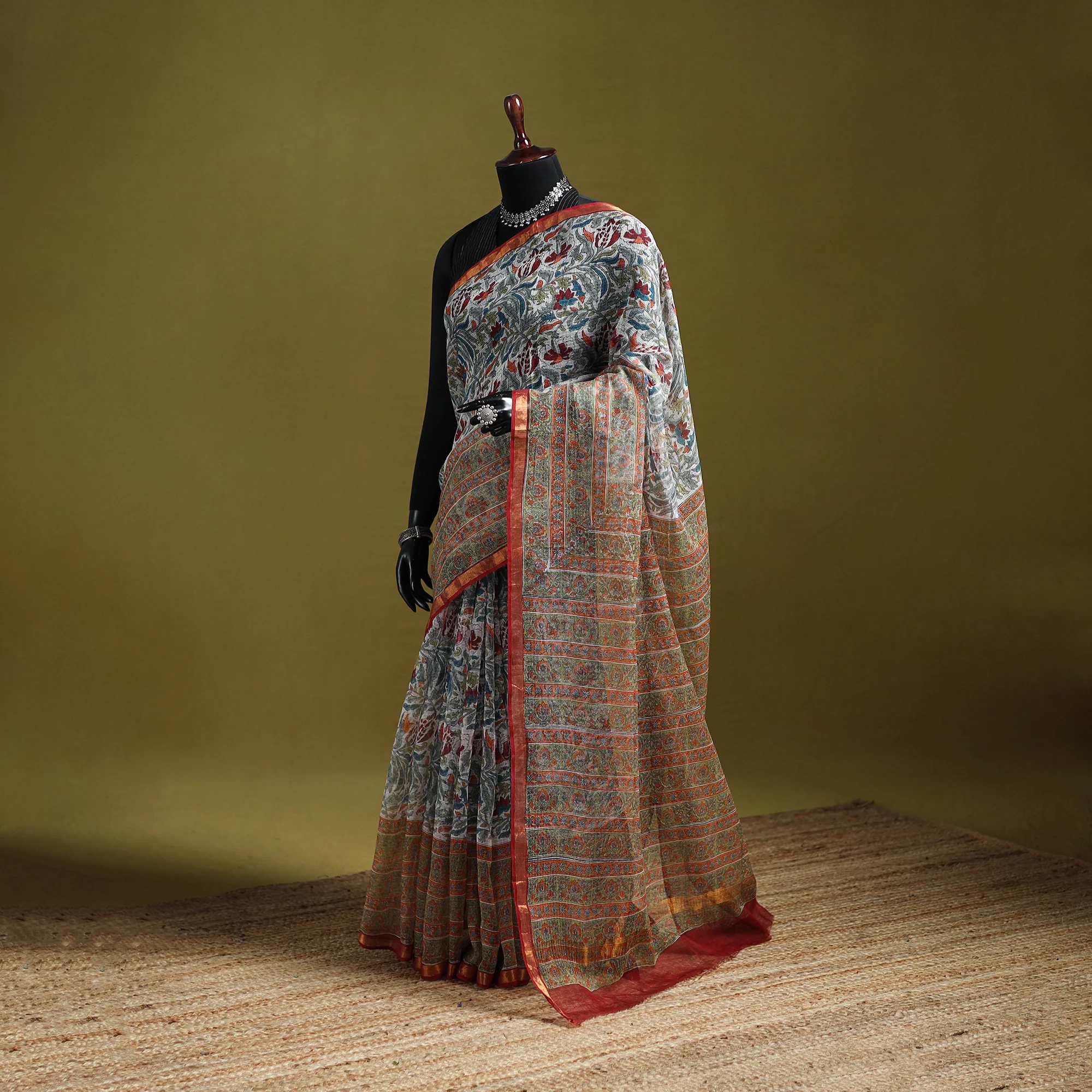 Multicolor - Sanganeri Hand Block Print Kota Doria Cotton Saree 12