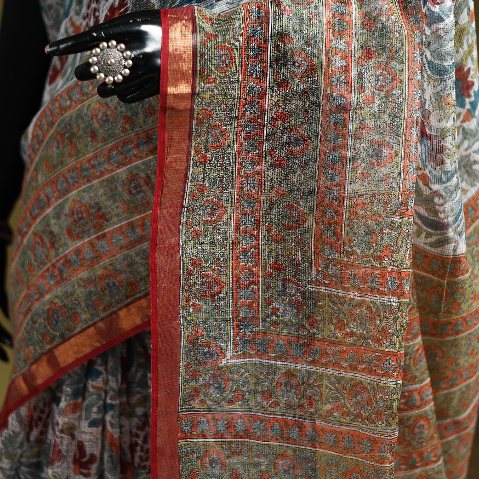 Multicolor - Sanganeri Hand Block Print Kota Doria Cotton Saree 12 - Image 3