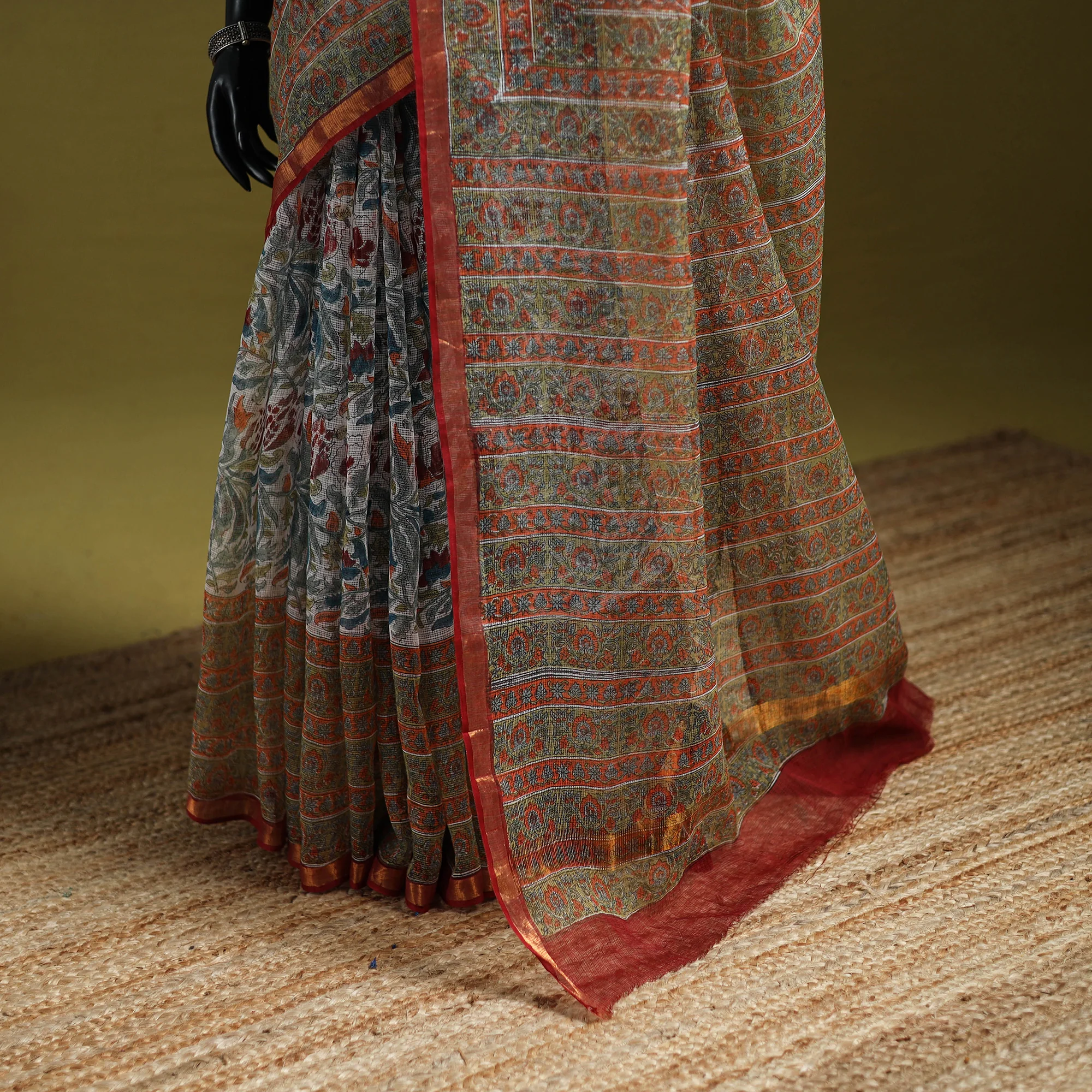 Multicolor - Sanganeri Hand Block Print Kota Doria Cotton Saree 12 - Image 4