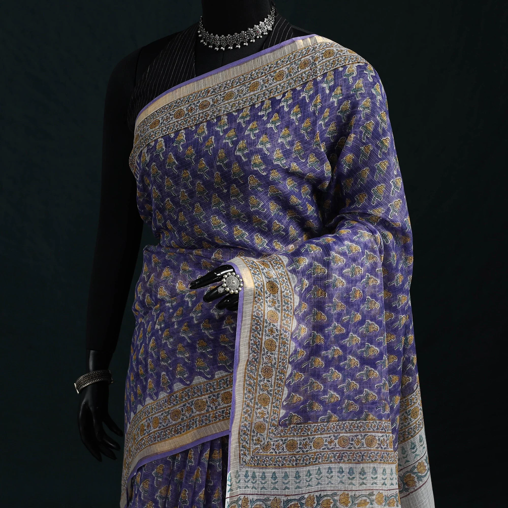 Sanganeri Hand Block Print Kota Doria Cotton Saree 17 - Image 2