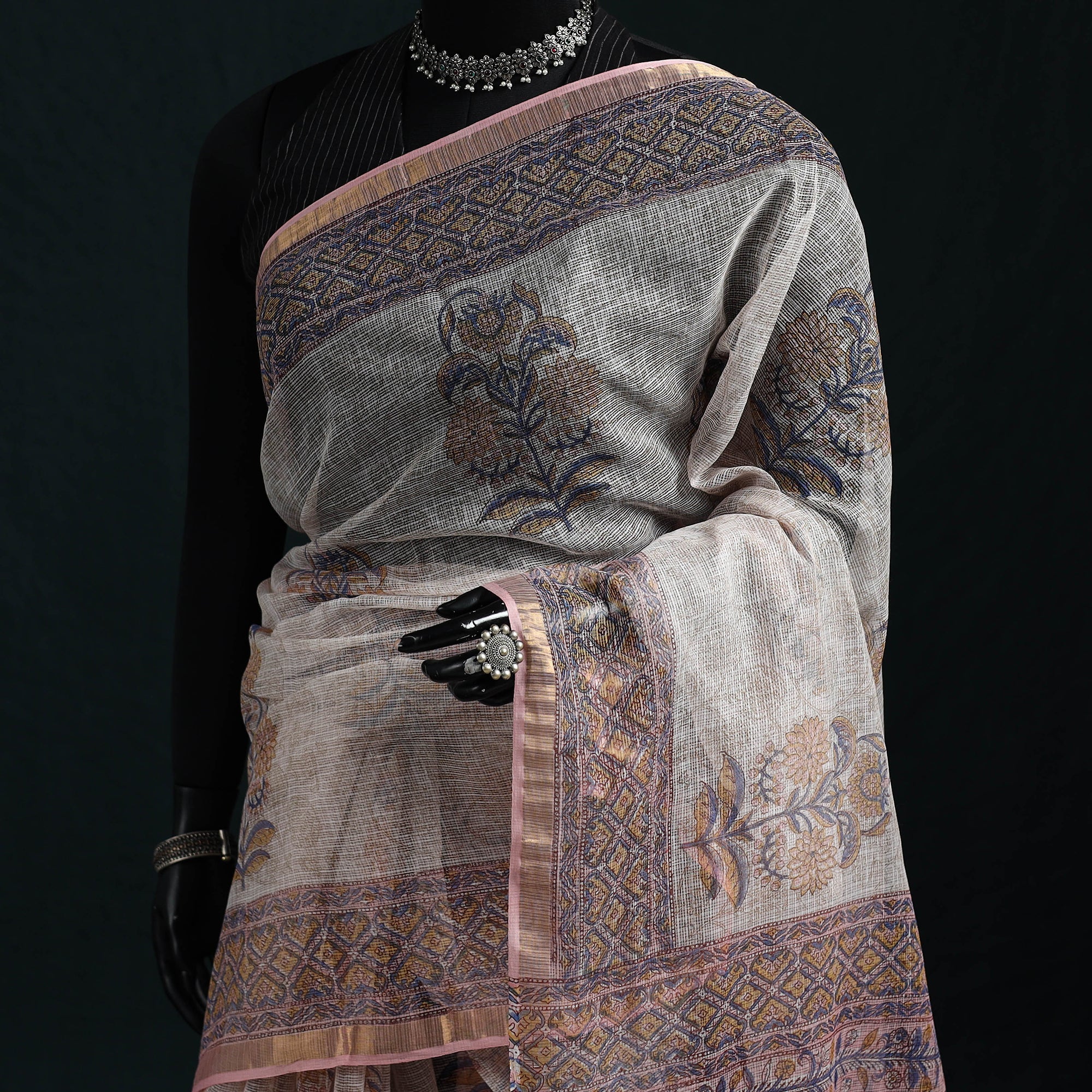 Sanganeri Hand Block Print Kota Doria Cotton Saree 18 - Image 2