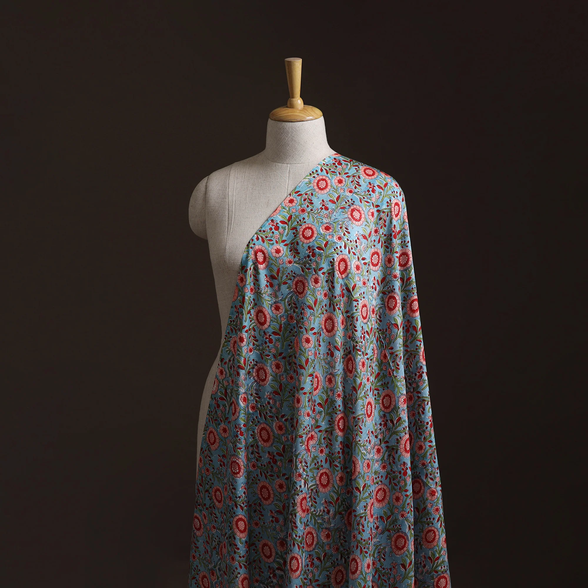Blue - Sanganeri Hand Block Print Modal Silk Fabric 07 - Image 2