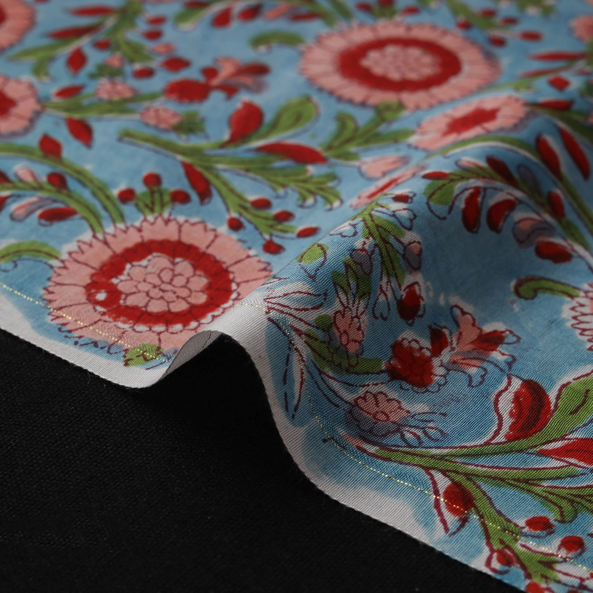 Blue - Sanganeri Hand Block Print Modal Silk Fabric 07 - Image 4