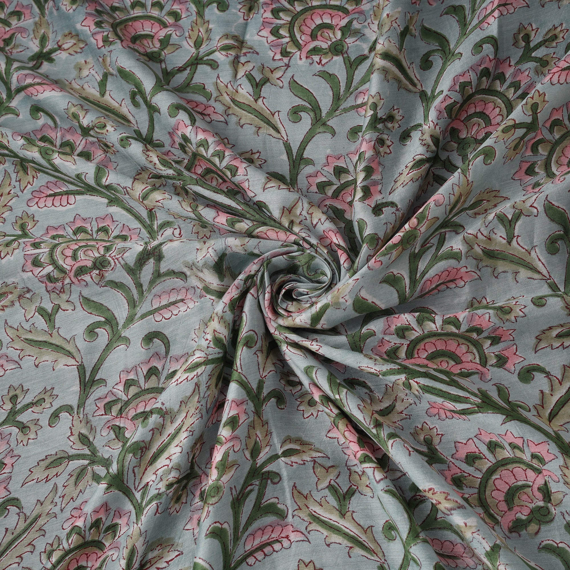 Green - Sanganeri Hand Block Print Modal Silk Fabric 14