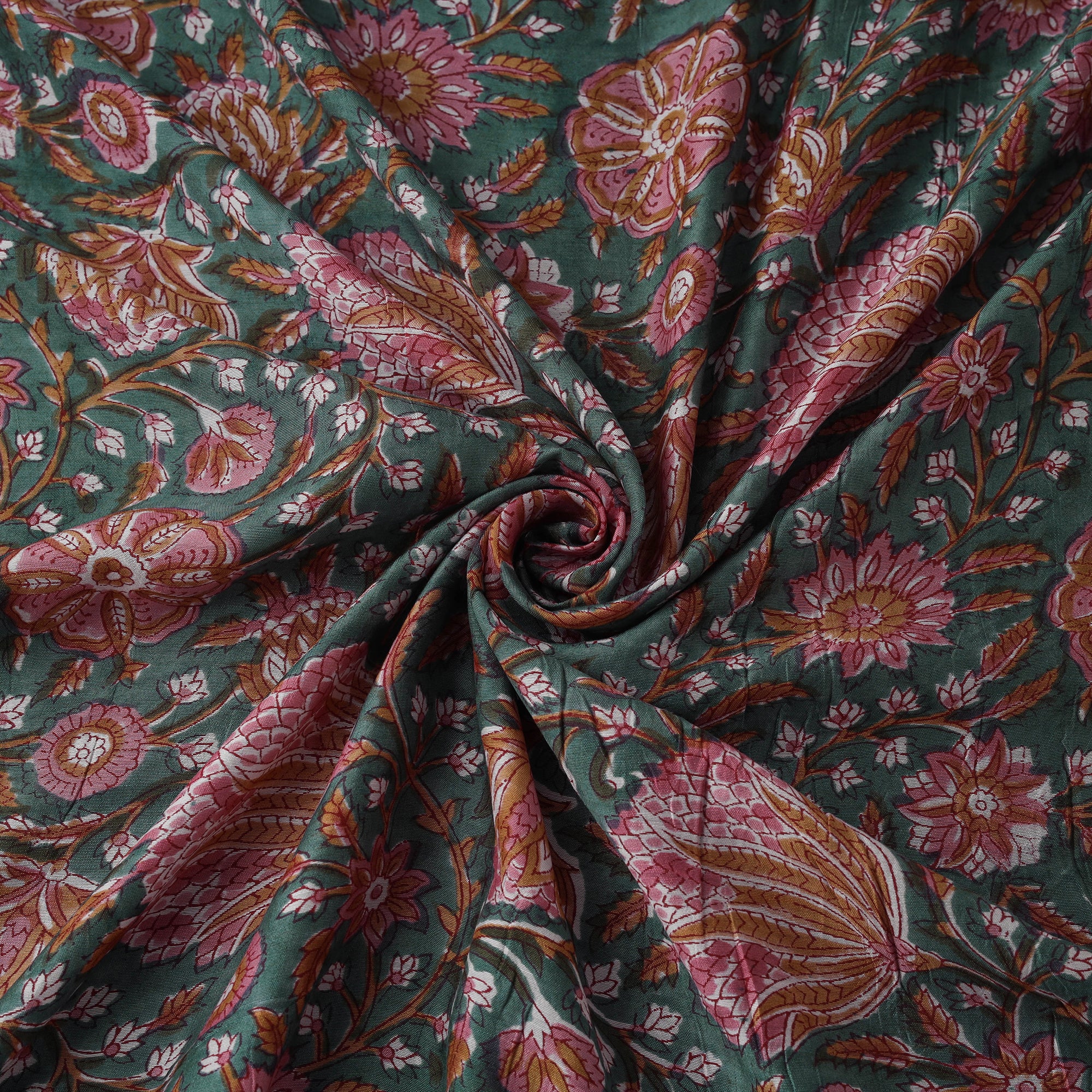 Green - Sanganeri Hand Block Print Modal Silk Fabric 18