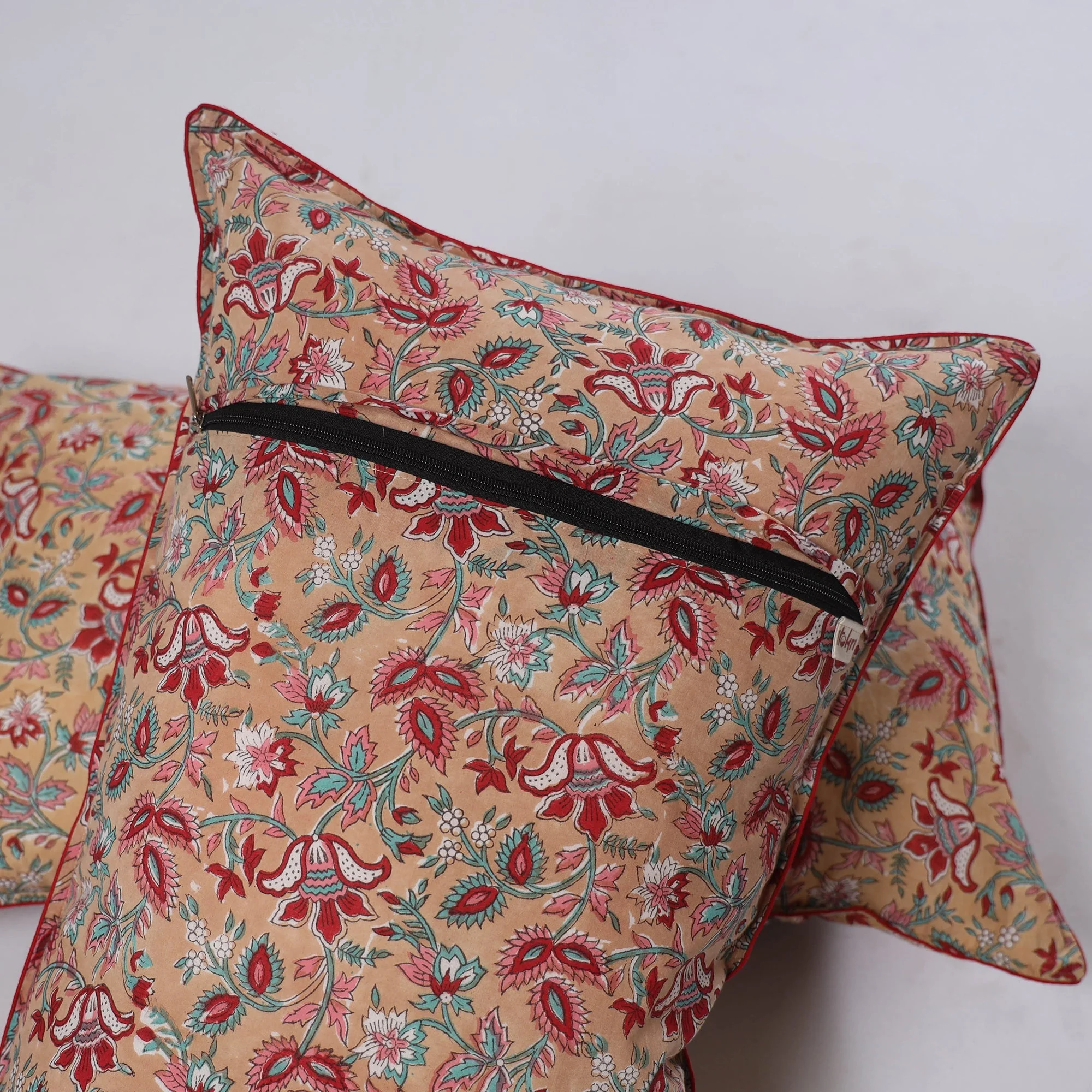 Beige - Sanganeri Hand Block Print Pillow Covers (Set of 2) 16 - Image 3