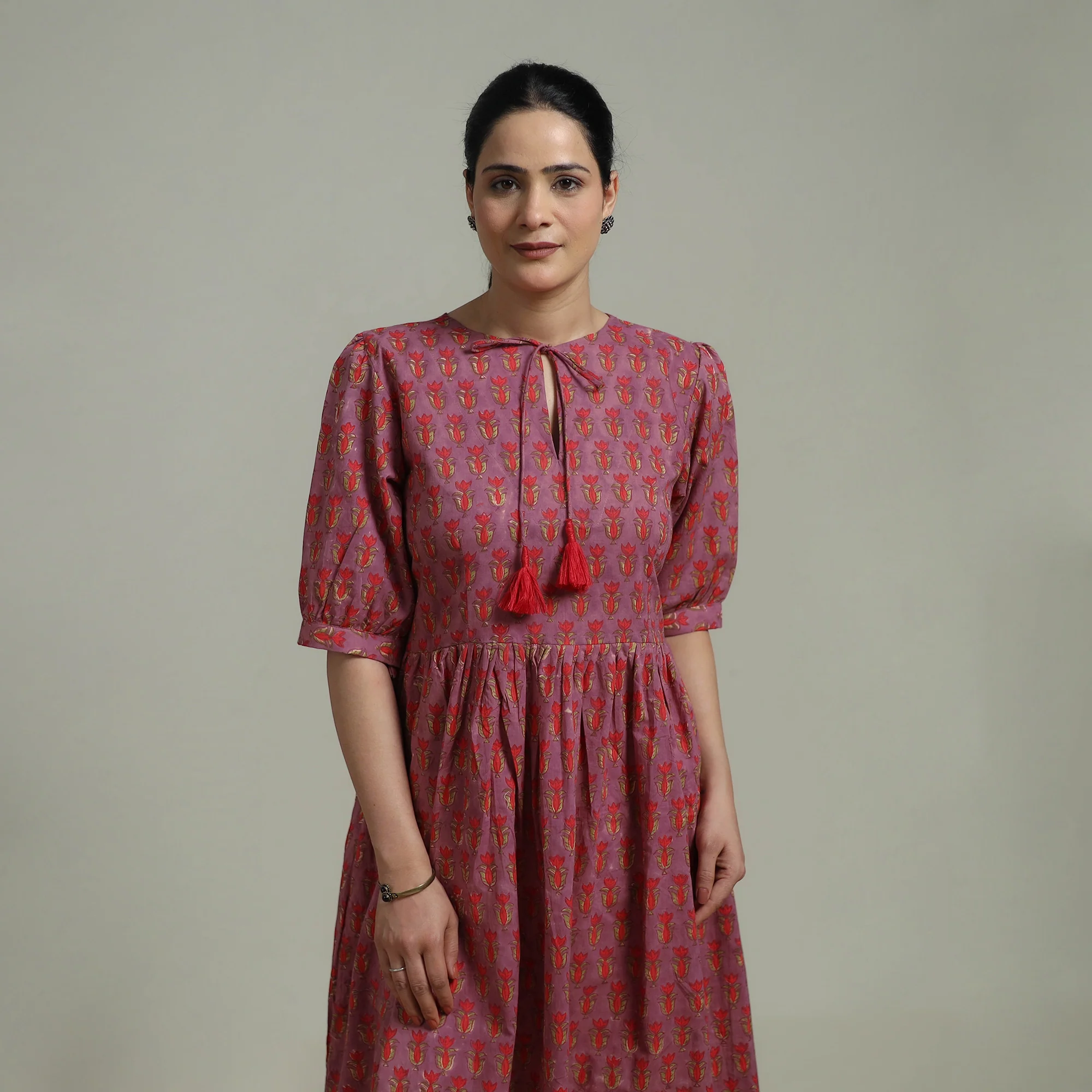 Purple - Sanganeri Hand Block Print Pure Cotton Flared Dress 01 - Image 4