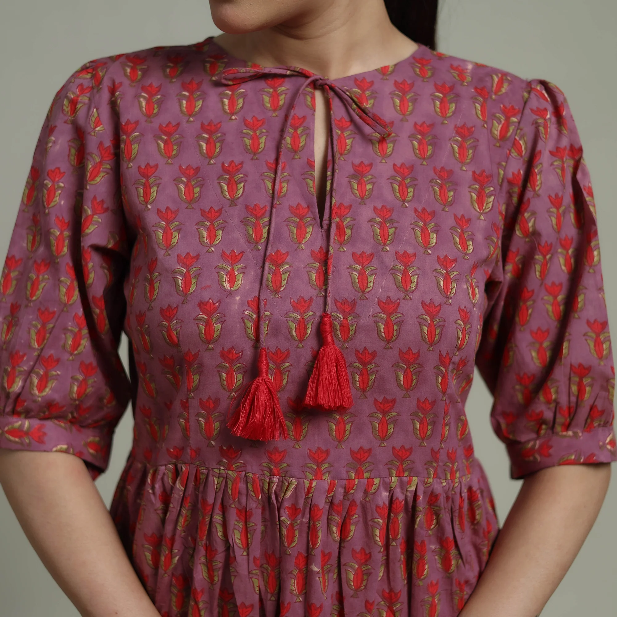 Purple - Sanganeri Hand Block Print Pure Cotton Flared Dress 01 - Image 5
