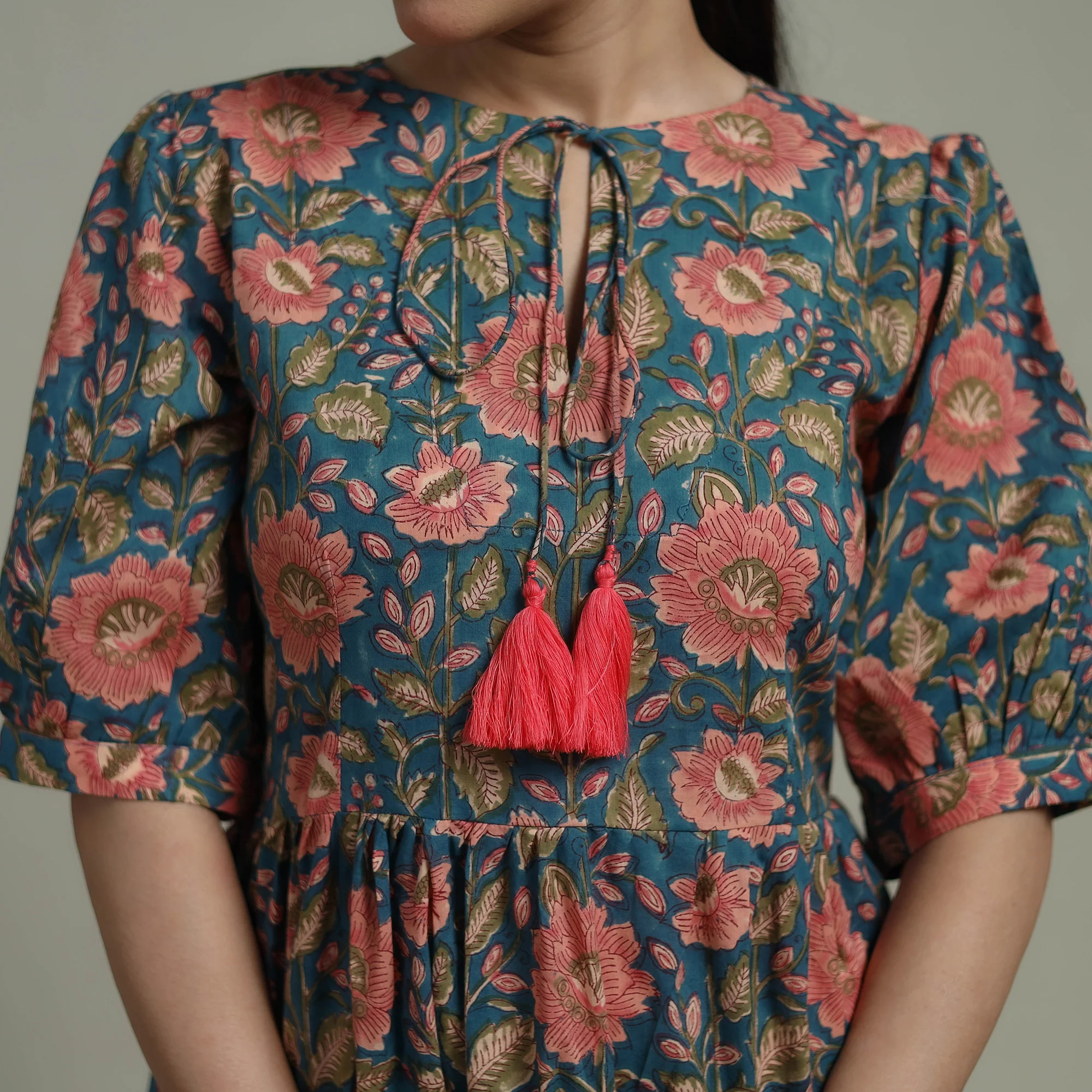 Blue - Sanganeri Hand Block Print Pure Cotton Flared Dress 04 - Image 5