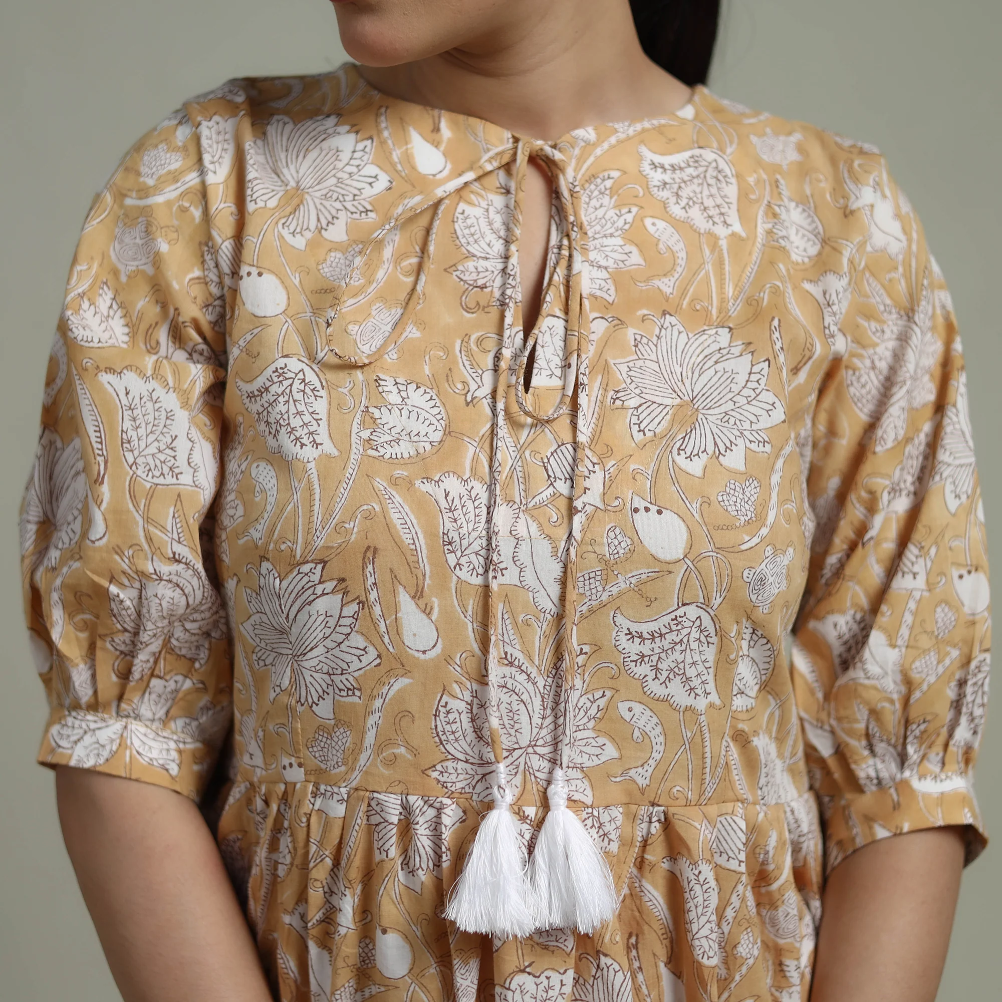 Beige - Sanganeri Hand Block Print Pure Cotton Flared Dress 05 - Image 5