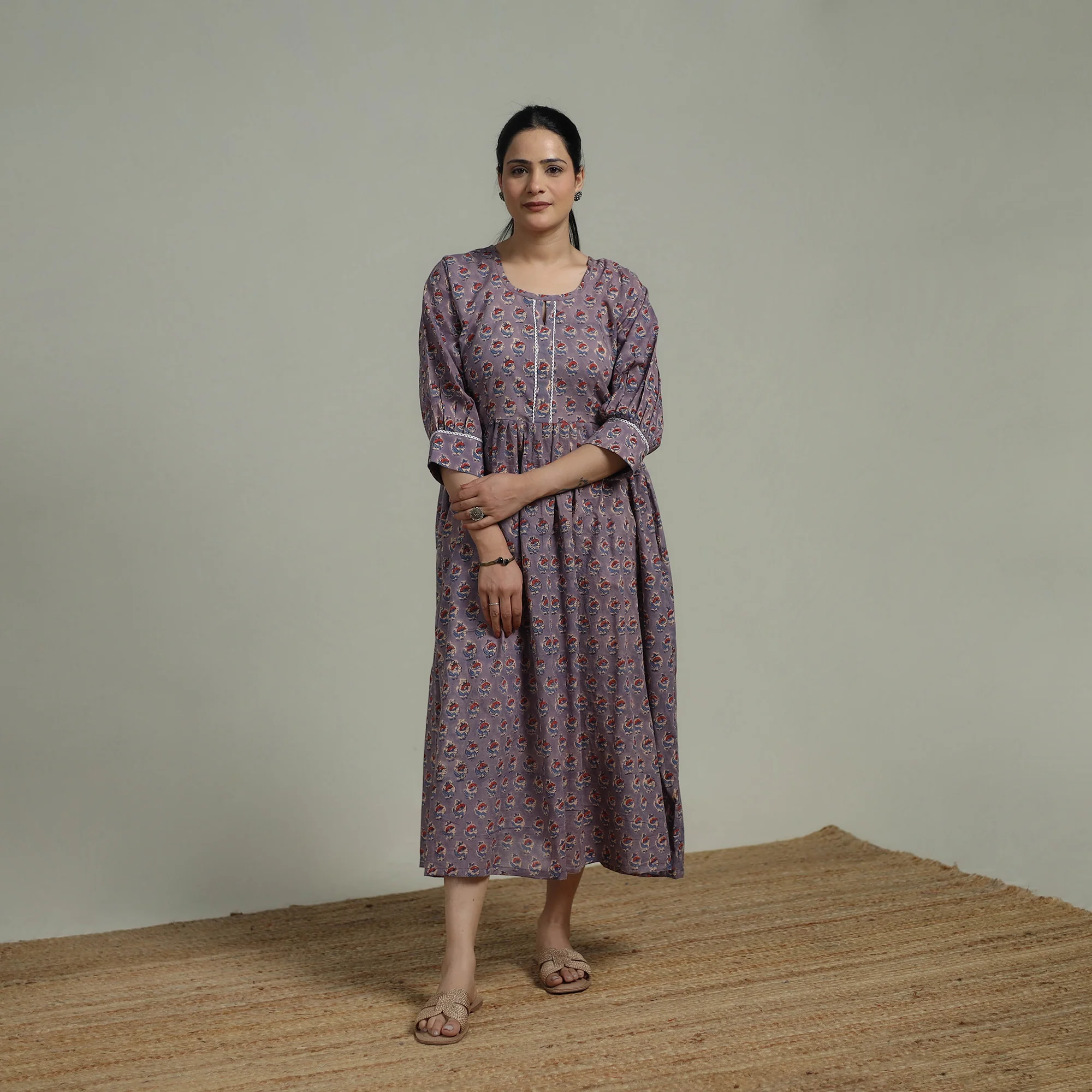 Purple - Sanganeri Hand Block Print Pure Cotton Flared Dress 07