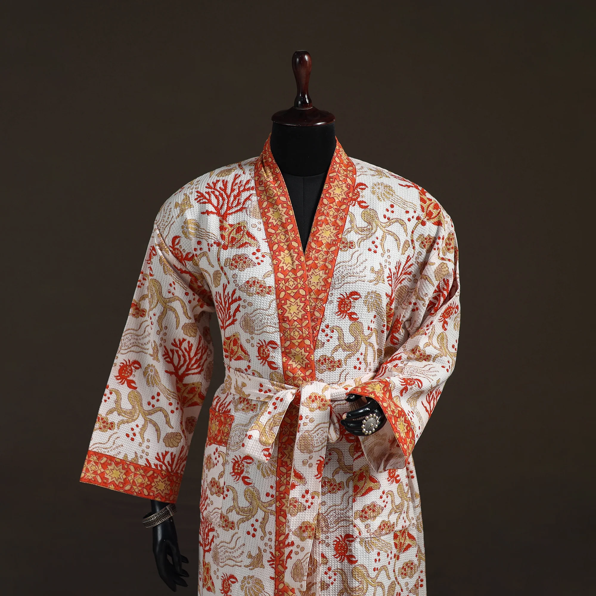 Multicolor - Sanganeri Hand Block Print Waffle Weave Cotton Bath Robe 11 - Image 2