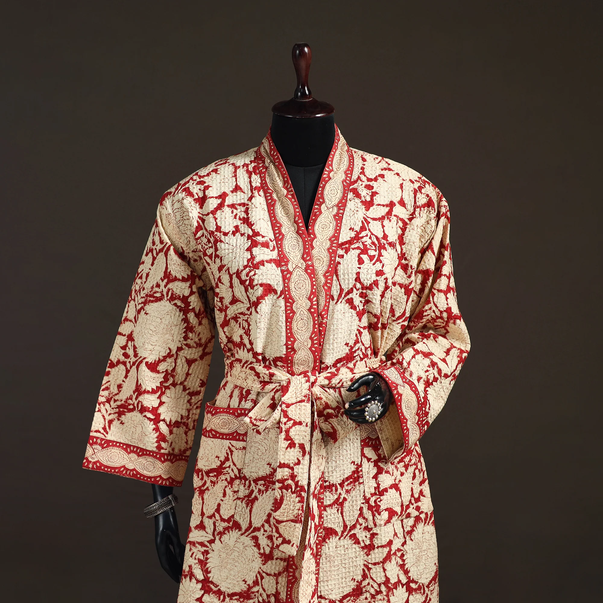 Beige - Sanganeri Hand Block Print Waffle Weave Cotton Bath Robe 12 - Image 2