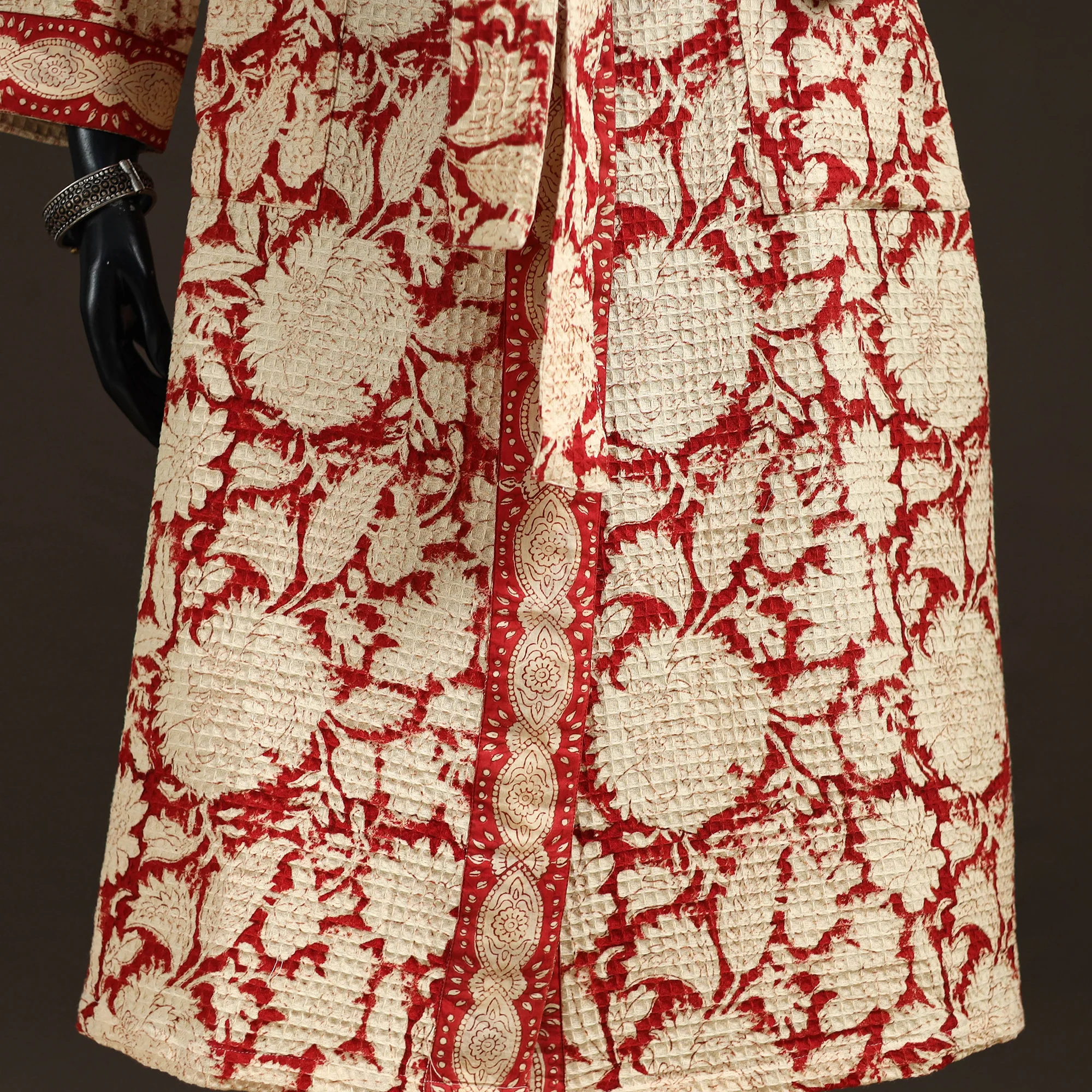 Beige - Sanganeri Hand Block Print Waffle Weave Cotton Bath Robe 12 - Image 3