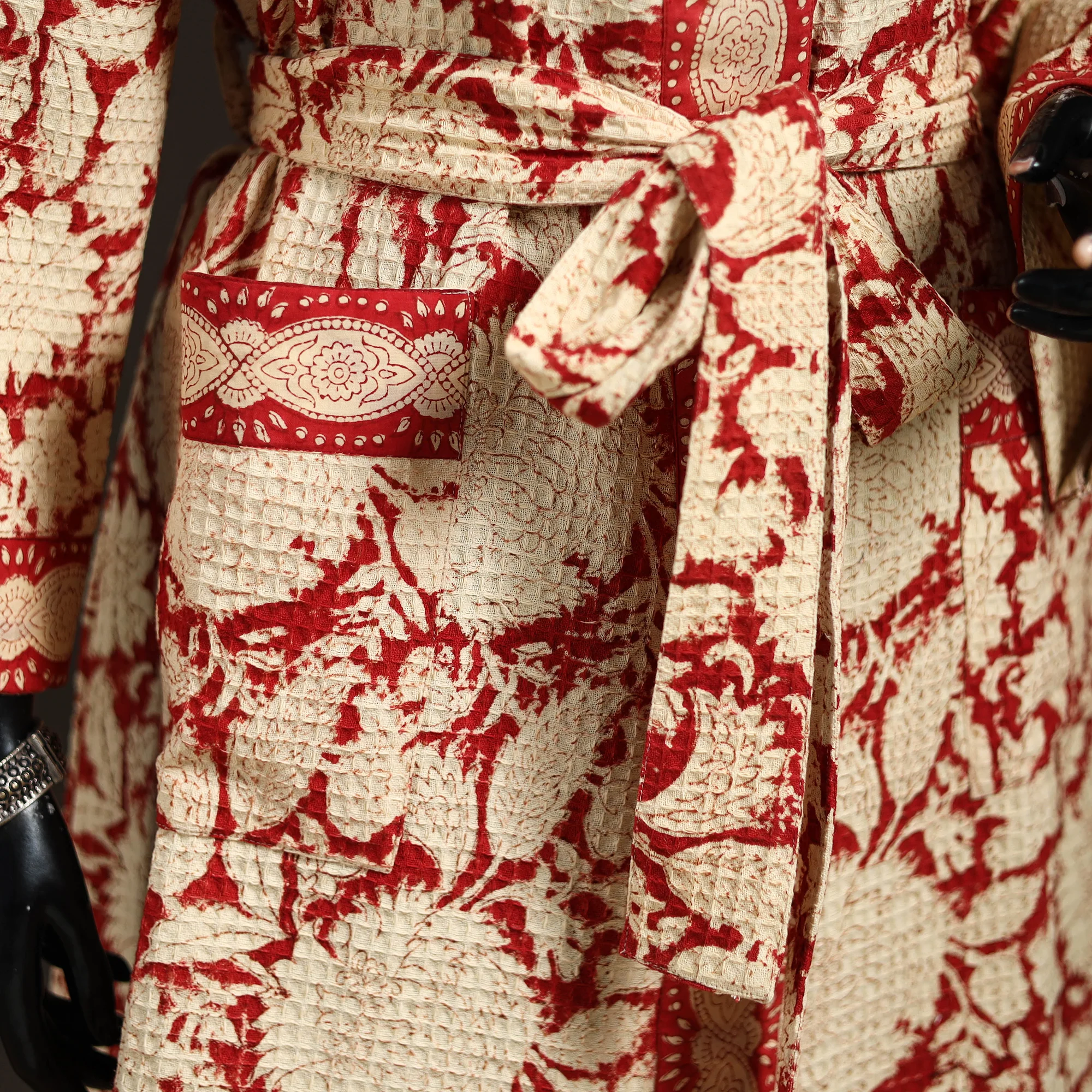 Beige - Sanganeri Hand Block Print Waffle Weave Cotton Bath Robe 12 - Image 4
