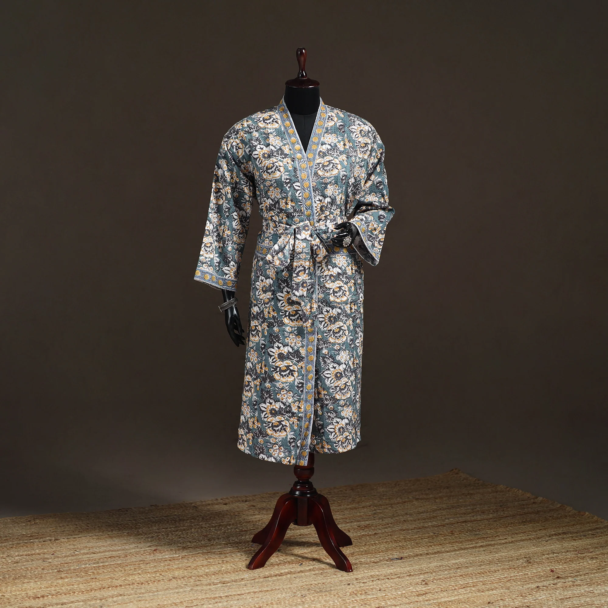 Multicolor - Sanganeri Hand Block Print Waffle Weave Cotton Bath Robe 14